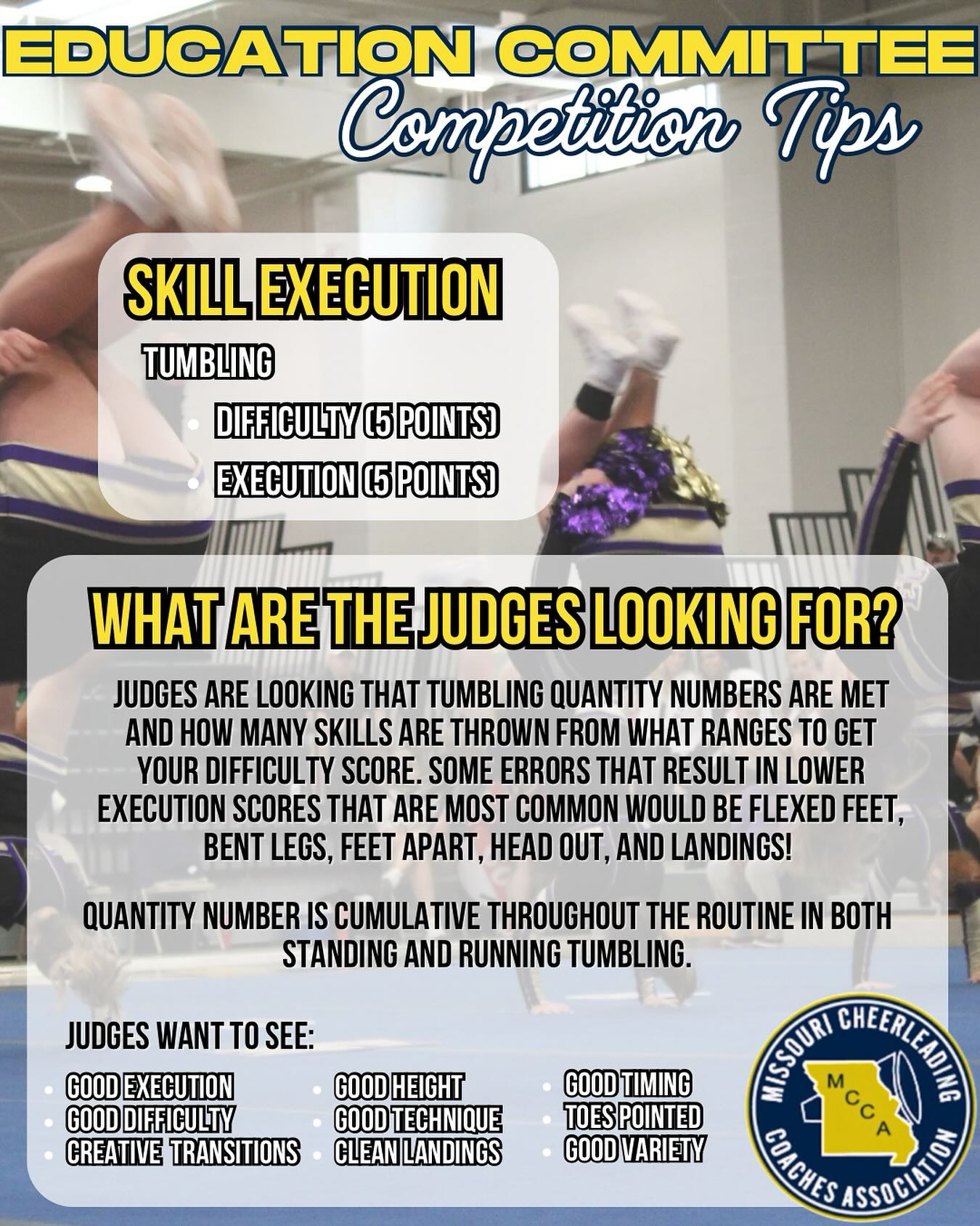 #CompetitionTips TUMBLING! 🤸♂️ 🤸♂️
Put skills in your routine that maximize the use of your athletes at all times and enhances the flow of your routine! Not every tumbling skill needs to be elite, you can make great sections of your routine utilizing highly executed lower level skills like rolls, cartwheels, handstands, etc!
#createvisuals #mocheer #MCCA #missouricheercoaches #competitioncheer #tumbling