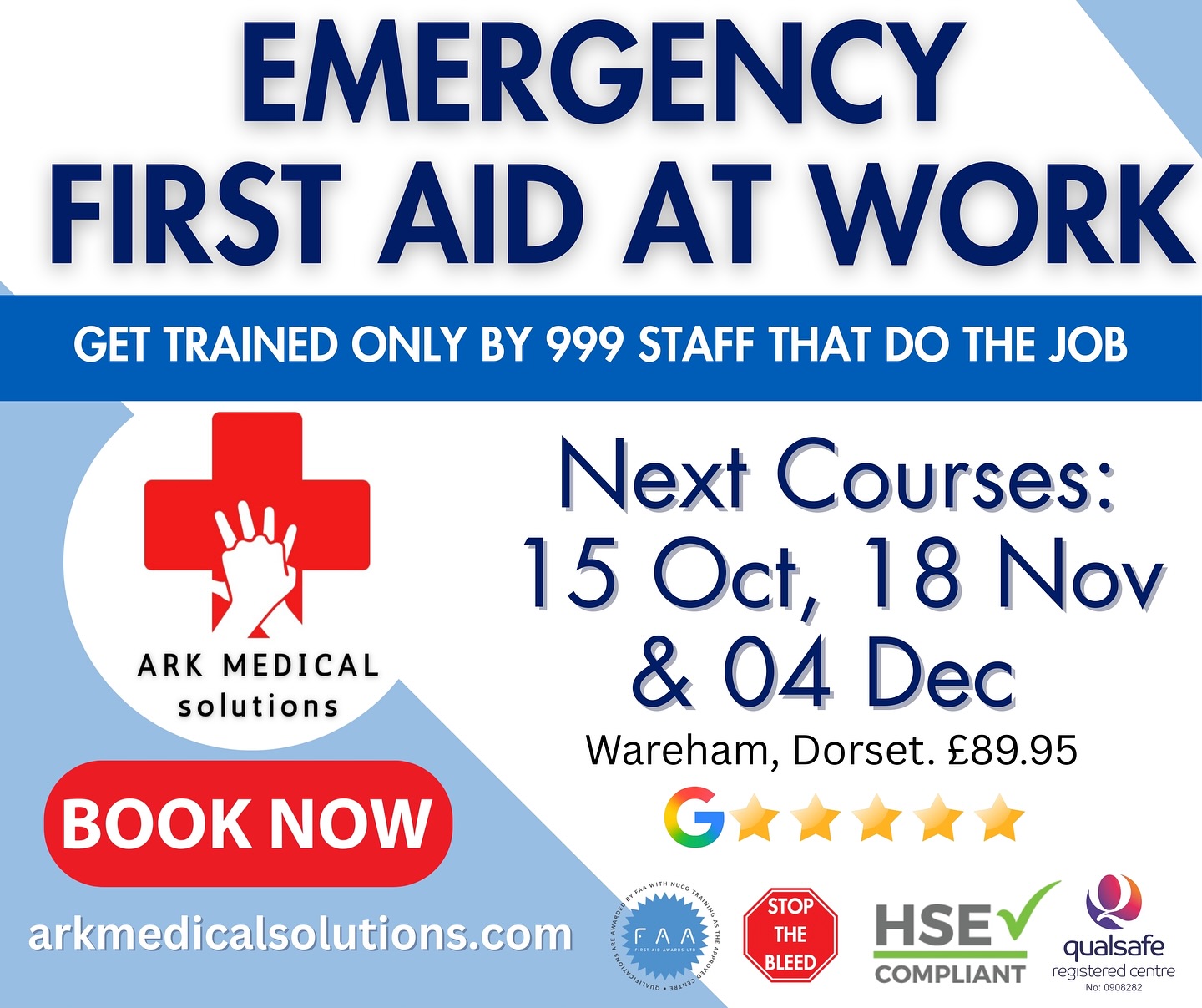 🚑 Sign up for Ark Medical Solutions’ Emergency First Aid at Work courses, taught only by serving NHS paramedics and 999 personnel!
🏥 Our upcoming public sessions in Wareham are on 15th October, 18th November, and 4th December. A half day option also available in how to use an AED along with Basic Life Support.
Secure your spot today for hands-on training from those than are doing the job. Book together and take advantage of group discounts! #FirstAid #arkmedicalsolutions #dorset #SafetyAtWork