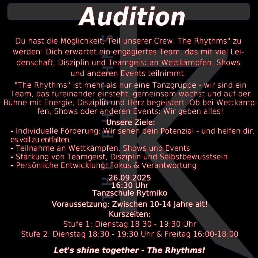 🔥 AUDITION ALERT! 🔥
<
Du liebst es zu tanzen und willst Teil einer leidenschaftlichen Crew werden?
Dann komm zu unserer Tanzcrew Audition!
Egal ob Hip-Hop, Street, oder Freestyle – zeig uns, was du drauf hast! 💥
📅 Datum: 26.09.
📍 Ort: @rytmiko_
🕒 Uhrzeit: 16:30 Uhr
👟 Level: Offen für alle (10 - 14 Jahre)
Let’s shine together!