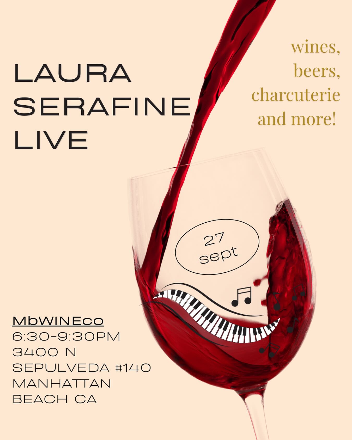 Saturday Sept 27!!! 6:30-9:30 I’ll be providing the piano covers and mbWINEco will be providing the excellent drink selection! Come have some snacks and sips and I’ll sing you some songs!