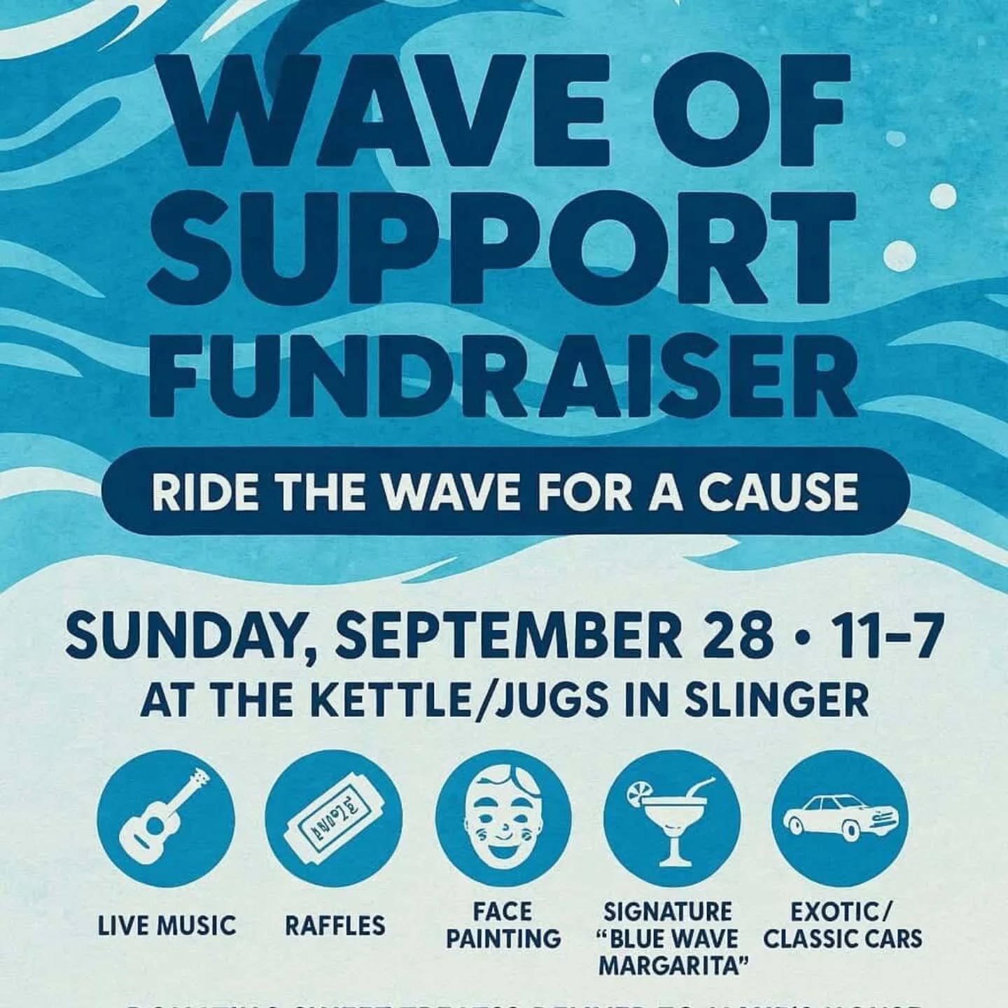 ๐๐ Ride the Wave of Support for Denise Rutley this Sunday! Live music, raffles, cars, and FREE under-the-sea face paint for the kids. Letโs show up big for Denise! #WaveOfSupport #SlingerWI