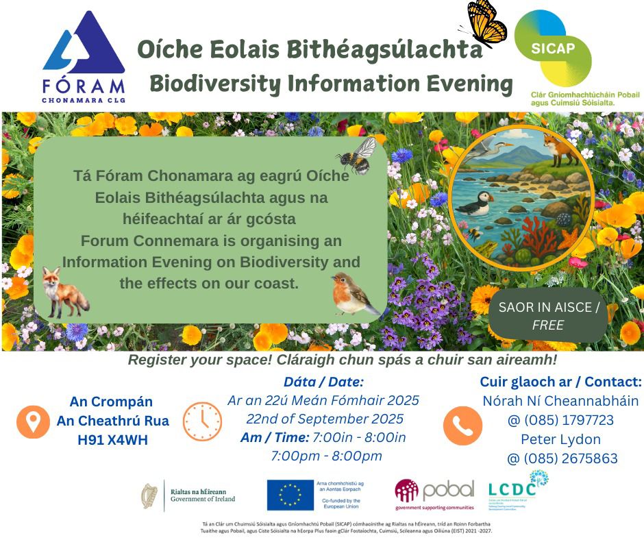 All are welcome to Forum Connemara's @forum_leader Biodiversity Information Evening, tonight, Sept. 22, and Thursday, Sept. 25! Register your space to be part of critical conversations about our coasts!