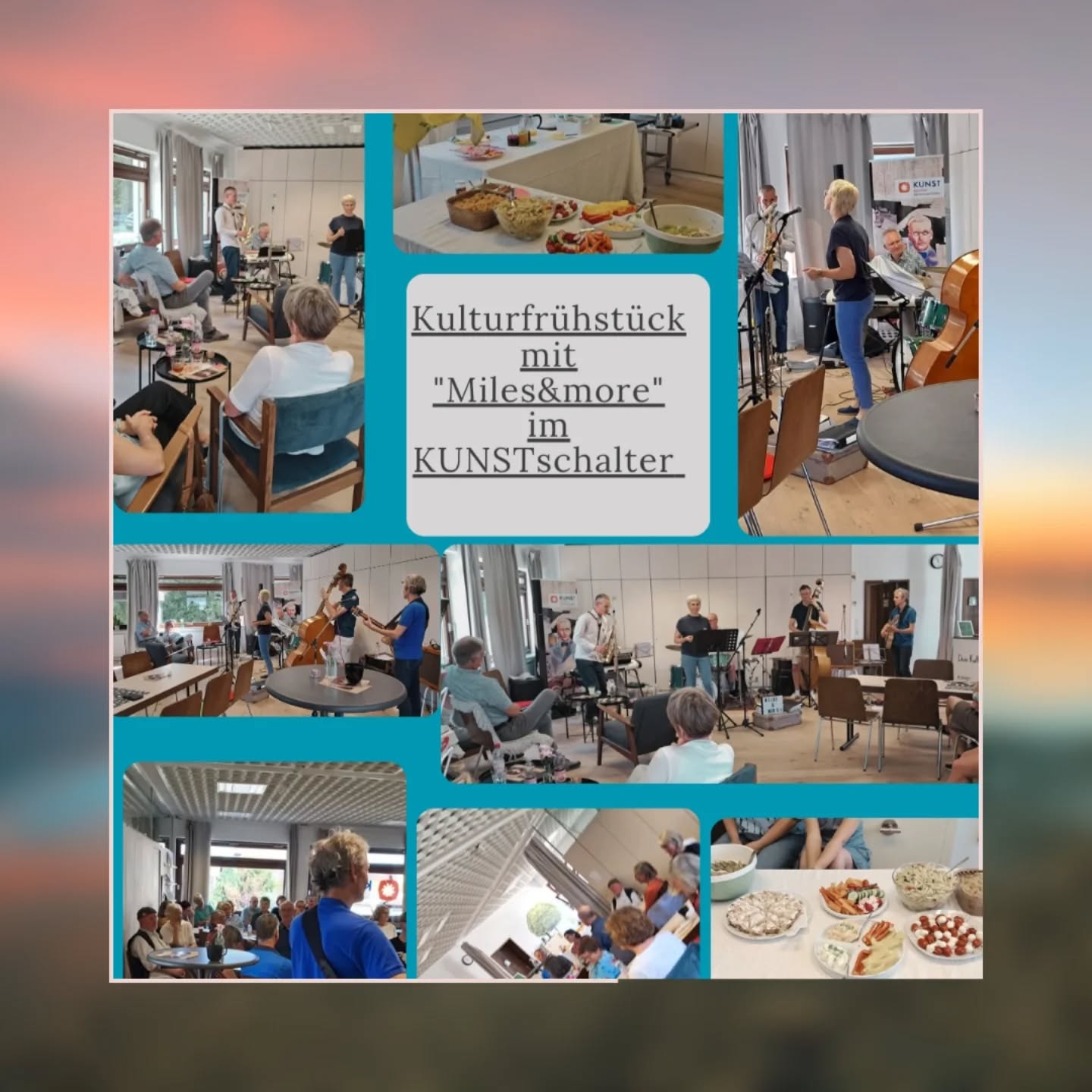 Letzten Sonntag 21.09.25 im KUNSTschalter:
Kulturfrühstück mit Musik "Miles & more"
Ein sehr gelungener Vormittag!
Eine tolle und überzeugende Band mit abwechslungsreichem Repertoire.
Dazu ein leckeres Frühstück.
Ein Genuss für die Ohren und den Gaumen... 🩷