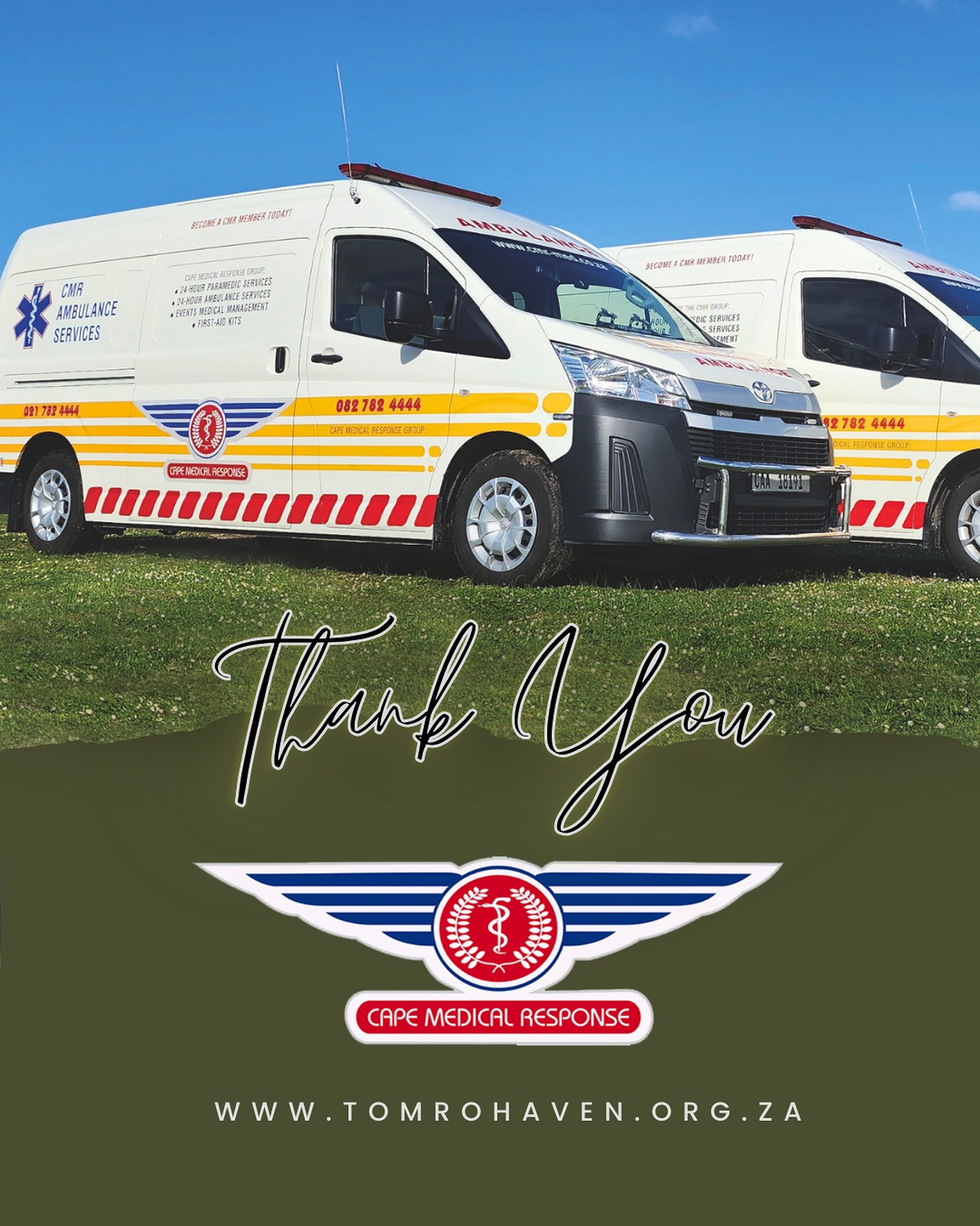 ❤️💙 A Very BIG Thank You to CMR! 💙❤️
We’re so grateful to Cape Medical Response (CMR) for their incredible support. 🙏 They’ve kindly offered to attend to anyone at Tom Ro Haven on the field if needed — such an amazing act of care and community spirit. 🚑✨
CMR is a private emergency medical service dedicated to delivering rapid, professional, and compassionate care 24/7. With highly trained paramedics, advanced equipment, and a trusted dispatch team, they are always ready to be the calm in the chaos.
👉 Please support those who support Tom Ro Haven!
Visit https://cmr-med.co.za/