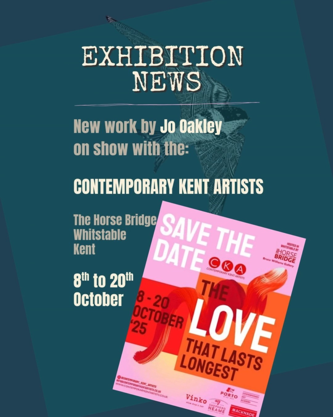 Just a couple more weeks to go, and I'm delighted to be included in the Contemporary Kent Artists’ inaugural exhibition in the:
📍 Horsebridge Arts Centre in Whitstable, Kent
🗓 8th to 20th October
🖼 I'm one of 20 artists, each bringing our own spin to the theme:
♡ ‘THE LOVE THAT LASTS THE LONGEST' ♡
Follow @contemporary_kent_artists for updates, and I look forward to seeing you there