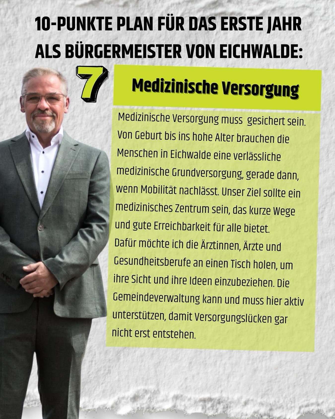 Punkt 7:
🏥 Medizinische Versorgung sichern: von Geburt bis ins hohe Alter
Die Menschen in Eichwalde brauchen eine verlässliche medizinische Grundversorgung, gerade dann, wenn Mobilität nachlässt. Mein Ziel ist ein medizinisches Zentrum in Eichwalde, das kurze Wege und gute Erreichbarkeit für alle bietet.
Dafür möchte ich Ärztinnen, Ärzte und Gesundheitsberufe an einen Tisch bringen, ihre Sicht hören und gemeinsam Lösungen entwickeln. Die Gemeinde darf hier nicht nur zuschauen, sie muss aktiv unterstützen, damit Versorgungslücken gar nicht erst entstehen.
👉 Was sind Ihre Erfahrungen mit der medizinischen Versorgung in Eichwalde?
#eichwalde #medizinischeversorgung #gesundheit #bürgermeisterwahl #teamgruhlke #10punkteplan #bürgernah #zukunftgestalten #gruhlkepacktan