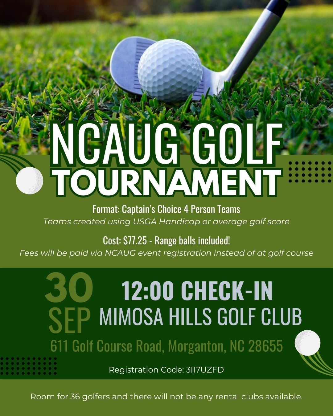 ⛳️The 3rd Annual NCAUG Golf Tournament is back! 🎉 A perfect mix of friendly competition, fresh air, and GIS connections on the green 🌿
📍 Location: Mimosa Hills Golf Club - 611 Golf Course Road, Morganton, NC 28655
🗓️ Date: 9/30/2025
⏰ Time: 12 PM Check-In | 1 PM Tee Times
💲 Cost: $77.25 - Range balls included!
🎯 Format: Captain’s Choice (4-person teams created by USGA handicap or average score)
📝 Register on the NCAUG website and use code 3II7UZFD!
⚠️ Limited to 36 golfers — no rental clubs available, so bring your own gear!
🚗 Note: Mimosa Hills is about an hour east of Asheville. If you’re attending a workshop Tuesday morning, we’ll need to know if you still plan to golf — tee times will be assigned accordingly.
All skill levels welcome — men and women, pros and first-timers alike. Grab your clubs (and your colleagues) and join us for a day of fun! 🏌️♀️🏌️♂️