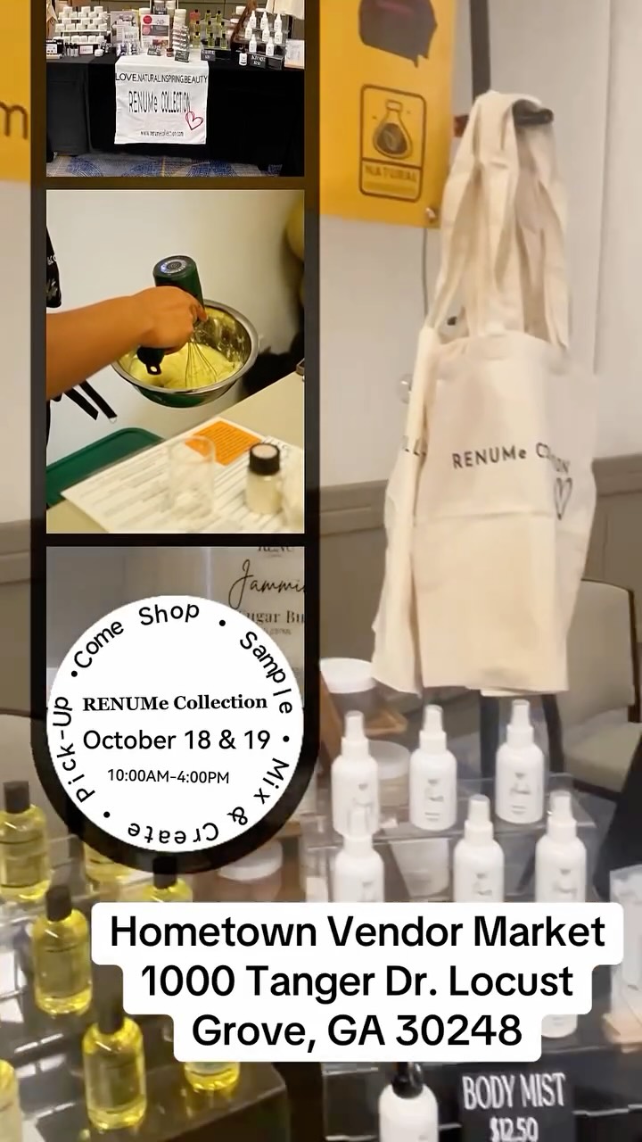 ✨Come shop, mix, and glow with us at the Hometown Vendor Market.
October 18–19 | 10AM–4PM
Visit the RENUMe Collection tent to:
•Shop your favorite natural skincare essentials
•Mix and create your own mini body butter
•Sample our sugar scrub hand wash station
Experience RENUMe Collection in person. We can’t wait to see you there!!💕
#renumecollection #naturalskincare #bodybuttermixing #hometownvendormarket #shopsmallbusiness