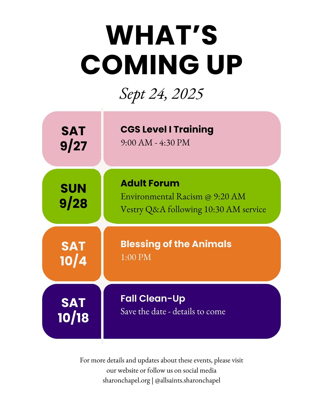 Mark your calendars! 🗓️ Check out this snapshot of what’s happening at All Saints over the next couple of weeks: CGS Training, Adult Forum & Vestry Q&A on 9/28, and our wonderful Blessing of the Animals on 10/4! Stay tuned for more details about our Fall Clean-Up on 10/18. @allsaintsmontessoriatrium
Swipe for more info on each event, and visit sharonchapel.org for all the details.
#ASSC #ChurchEvents #AlexandriaVA #catechesisofthegoodshepherd #cgsusa #episcopalchurch