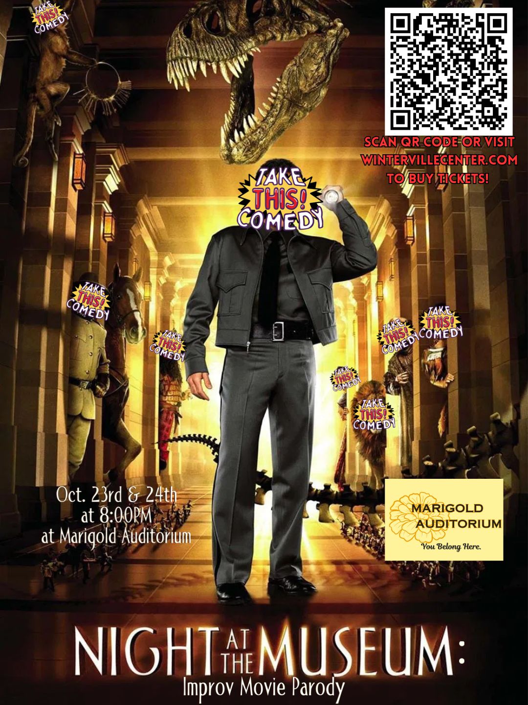 “Come join Take This! Comedy for their BIGGEST IMPROV MOVIE PARODY YET! They’re pulling out all the stops! Extravagant costumes! Wonderfully crafted props! Epic puppets made in collaboration with Julianne Merritt of the Greater Athens Puppetry Club! You won’t wanna miss NIGHT AT THE MUSEUM: IMPOV MOVIE PARODY on OCT. 23RD & 24TH at 8:00 PM!”