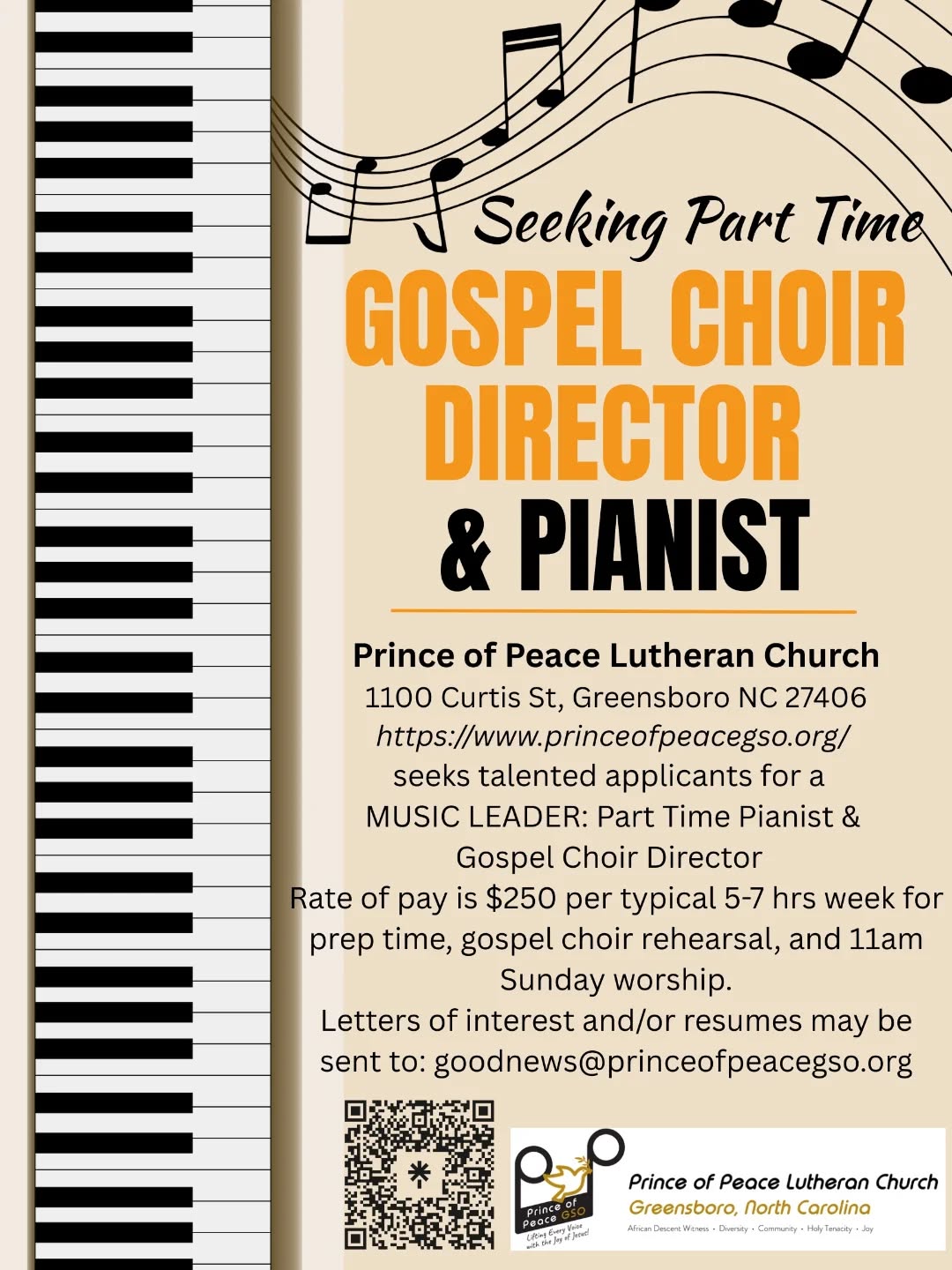 We are seeking a part-time music leader to play for Sunday worship and direct the Gospel Choir. Please share with those who may be interested and qualified. Learn more about us at https://linktr.ee/POPLC.GSO in the bio.