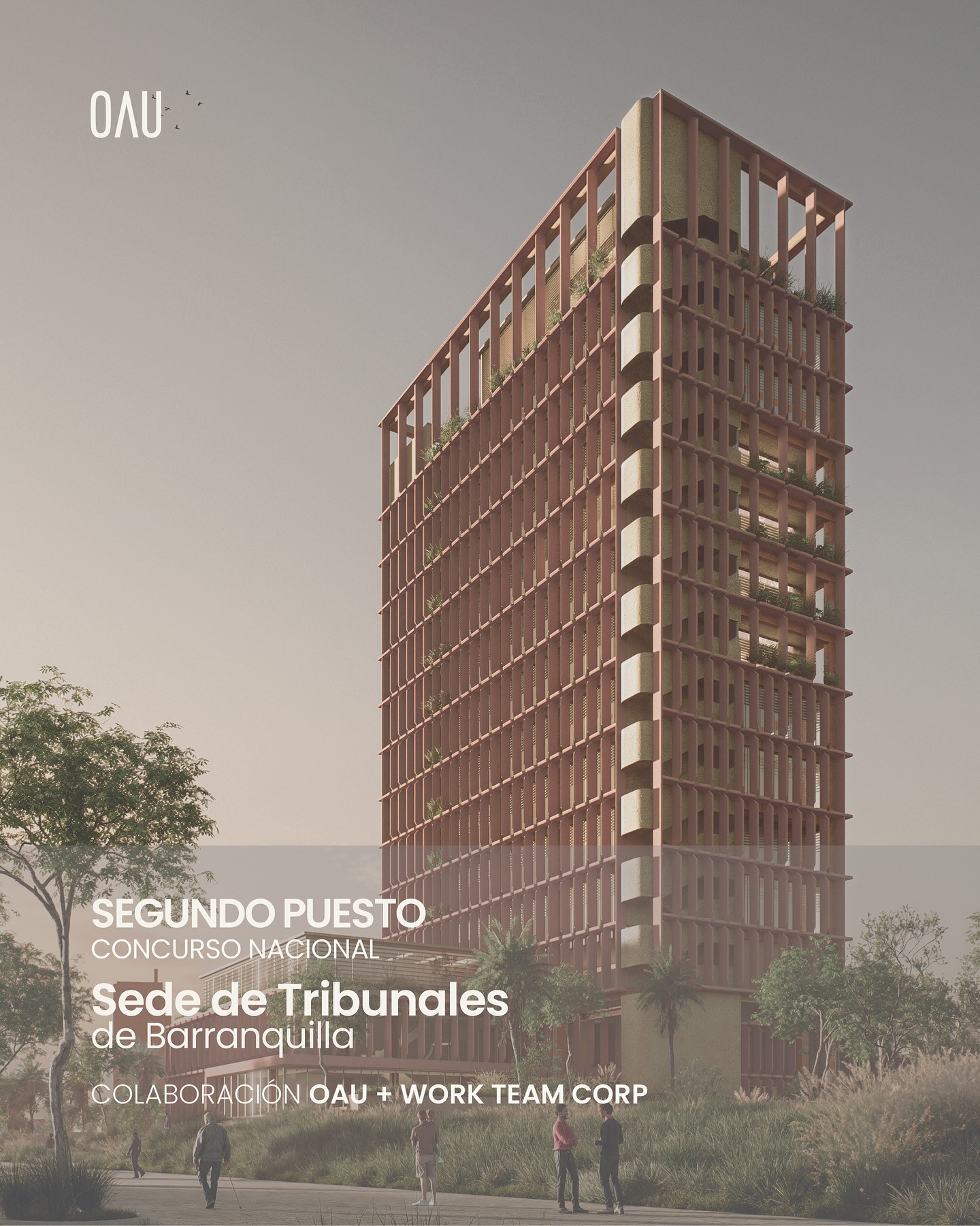Ganador Segundo Puesto 🥈
Concurso: Concurso Nacional - Sede de Tribunales de Barranquilla, Atlántico
Ciudad: Barranquilla, Atlántico
Colaboración: OAU + Work Team Corp
El nuevo edificio de Tribunales se concibe como un faro urbano y un referente para Barranquilla, coronando el corredor institucional y simbolizando la relevancia de la justicia en la esfera pública. Su altura y ubicación estratégica lo hacen visible desde distintos puntos de la ciudad, mientras que su diseño expresa apertura, transparencia y compromiso cívico.
Al mismo tiempo, el proyecto funciona como conector entre lo institucional, lo cultural y lo ambiental: integra memoria histórica y territorio, habilita un espacio público activo en torno a su basamento abierto y, con su torre ligera y permeable, potencia la vida ciudadana. Reconoce además la memoria natural de Barranquillita como humedal de manglar, incorpora vegetación nativa y estrategias de paisaje que lo vinculan con los ecosistemas locales, proyectando un modelo de justicia que une lo legal con lo ambiental y lo urbano con lo sostenible.
Equipo OAU: Rodrigo Chain + Andrés Oyaga Loewy
Mateo Cañas, Zaida Ustariz
Equipo Workteam Corp: Myrian Vélez Cheu, Luis Fernando Campo, Carlos Arturo Campo, Yanelis Polo, Arturo Morales
@scaatlantico @sca_nacional @deaj_ramajudicial