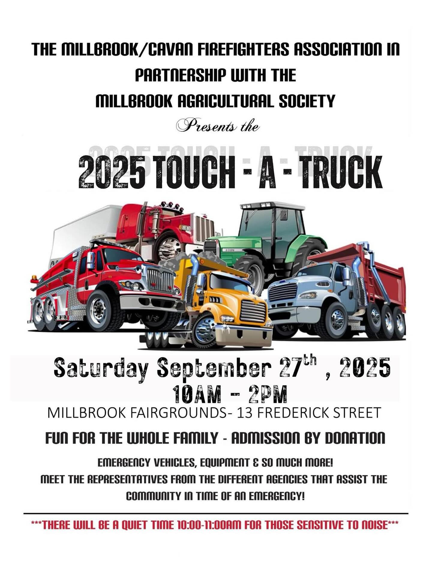 🚨 IT’S HERE! 🚨
Touch-A-Truck is rolling into the fairgrounds TODAY! 🚒🚓🚜
Brought to you by the Millbrook Cavan Firefighters Association — bring the kids, bring your curiosity, and get ready for some BIG fun!