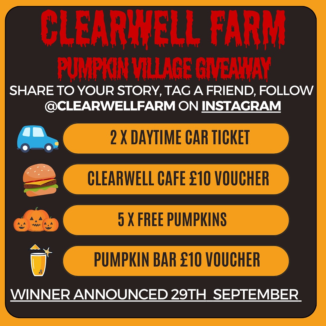 🎁 NEW PUMPKIN VILLAGE GIVEAWAY 🎁 Congratulations @laura_hendrikx 
To celebrate the opening of our brand-new Pumpkin Village, we’re giving one lucky winner the ultimate Clearwell Farm prize bundle:
🚗 2 x Daytime Car Tickets
🍔 £10 Clearwell Café Voucher
🎃 5 x Free Pumpkins (any size)
🍺 £10 Pumpkin Bar Voucher
To enter:
1️⃣ Share this post to your story
2️⃣ Tag a friend in the comments
3️⃣ Make sure you’re following @clearwellfarm
Winner announced 29th September – good luck! 🍀