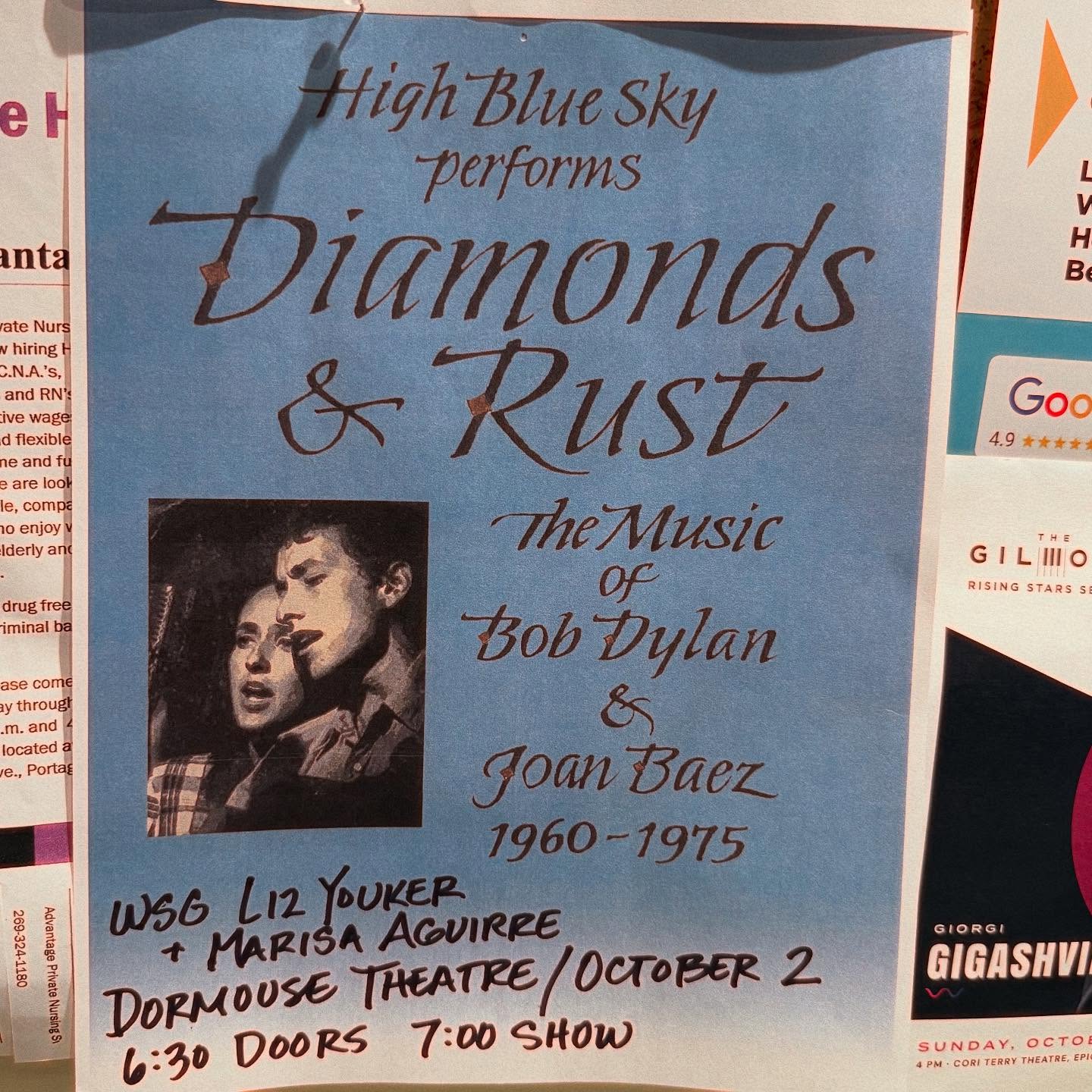 Oct. Second! Songs that illuminate the relationship between Dylan and Baez.
Tickets at Dormousetheatre.com