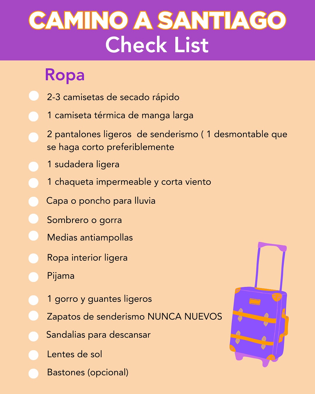 ✨ Peregrino prevenido, camino seguro ✨
Si estás a punto de iniciar el Camino de Santiago, no olvides preparar bien tu mochila. 🥾🎒
Aquí te dejamos un checklist imprescindible para que tu experiencia sea más cómoda y ligera.
Recuerda: cada objeto cuenta, pero lo más importante es llevar el corazón abierto y la mente dispuesta a descubrir más en cada paso. 💛
¿Cuál es ese objeto que nunca falta en tu mochila cuando viajas? 👇
#DescubreMás #CaminoDeSantiago #ChecklistPeregrino #ViajarLigero #peregrino
