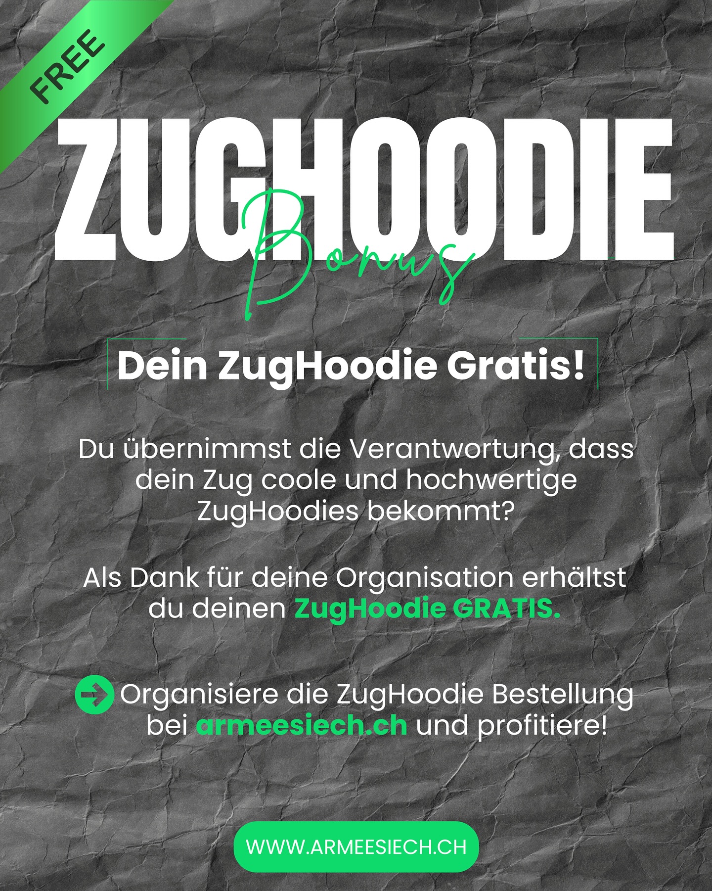 📣 ZUGHOODIE BONUS 📣
Organisiere die Bestellung für deinen Zug – und dein Hoodie gehört dir gratis.
Jetzt auf armeesiech.ch sichern!
#ZugHoodie #ArmeeHoodie #RS2025 #SchweizerArmee #rekrutenschule #Zugleben #MilitärAlltag #Kameradschaft #SwissArmy #Armeesiech