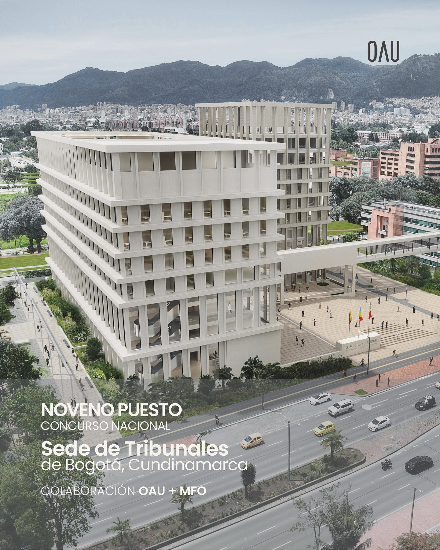 Noveno Puesto🏅
Concurso: Concurso Nacional – Sede de Tribunales de Bogotá, Cundinamarca
Ciudad: Bogotá D.C.
Colaboración: OAU + MFO
El proyecto propone la conformación de un complejo judicial que articula el edificio existente con dos nuevas torres, las cuales se elevan sobre un basamento de escala peatonal. La intervención busca reafirmar el carácter dotacional del conjunto y generar espacios de transición cívica, capaces de mediar entre lo público y lo privado, lo judicial y lo urbano, lo seguro y lo permeable. Esta intención se expresa a través de la óptima orientación de las torres, la jerarquía en altura —Corte Suprema de Justicia—, la conexión simbólica con la edificación actual y la relación del conjunto con la ciudad.
Equipo OAU: Rodrigo Chain + Andrés Oyaga Loewy
Equipo MFO: Erika Martínez, Alejandrina Garzón, Juliana Chinome, Laura García, Andrés Felipe Moncayo, Santiago Ballén, Andrey Ferreira
@scabogotaycundinamarca @sca_nacional @deaj_ramajudicial