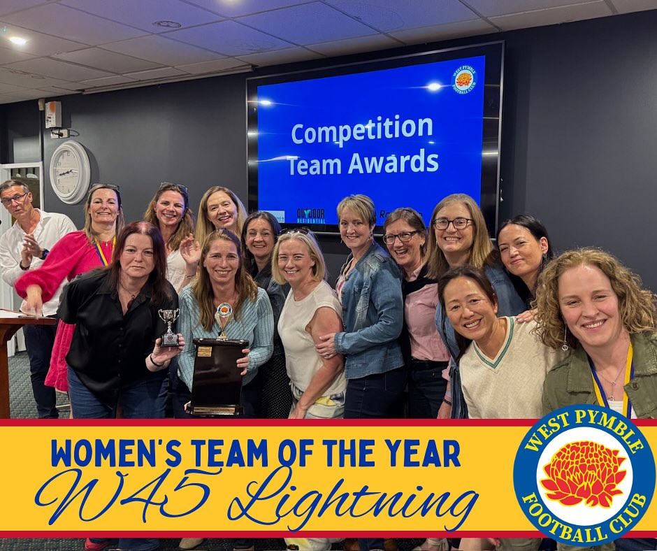 Women’s 45, Div 1, Lightning, Senior Women’s Team of the Year, 2025 💛💙
This was a new award introduced last year for women’s teams. It’s based on highest team performance for the season - and takes into consisderation Season Ladder Position, Final Series Performance, and if required as a tie-breaker... Goal Difference!
For WPFC, we have 3 women’s teams who are eligible for this award. They always bring the Weather with them - Women’s All Age Div 4 Cyclone, Women’s Over 45 Div 1 Lightning and Div 2 - Thunder.
The first criteria for this award is ladder position at the end of the season.
After topping the table in Div 2 and being promoted halfway through the season, this team finished 4th on their division ladder - highest of any of our women’s teams!
We are thrilled to announce the Senior Women’s Team of the Year for 2025 is the one and only... Women’s 45, Div 1, Lightning! 💛💙