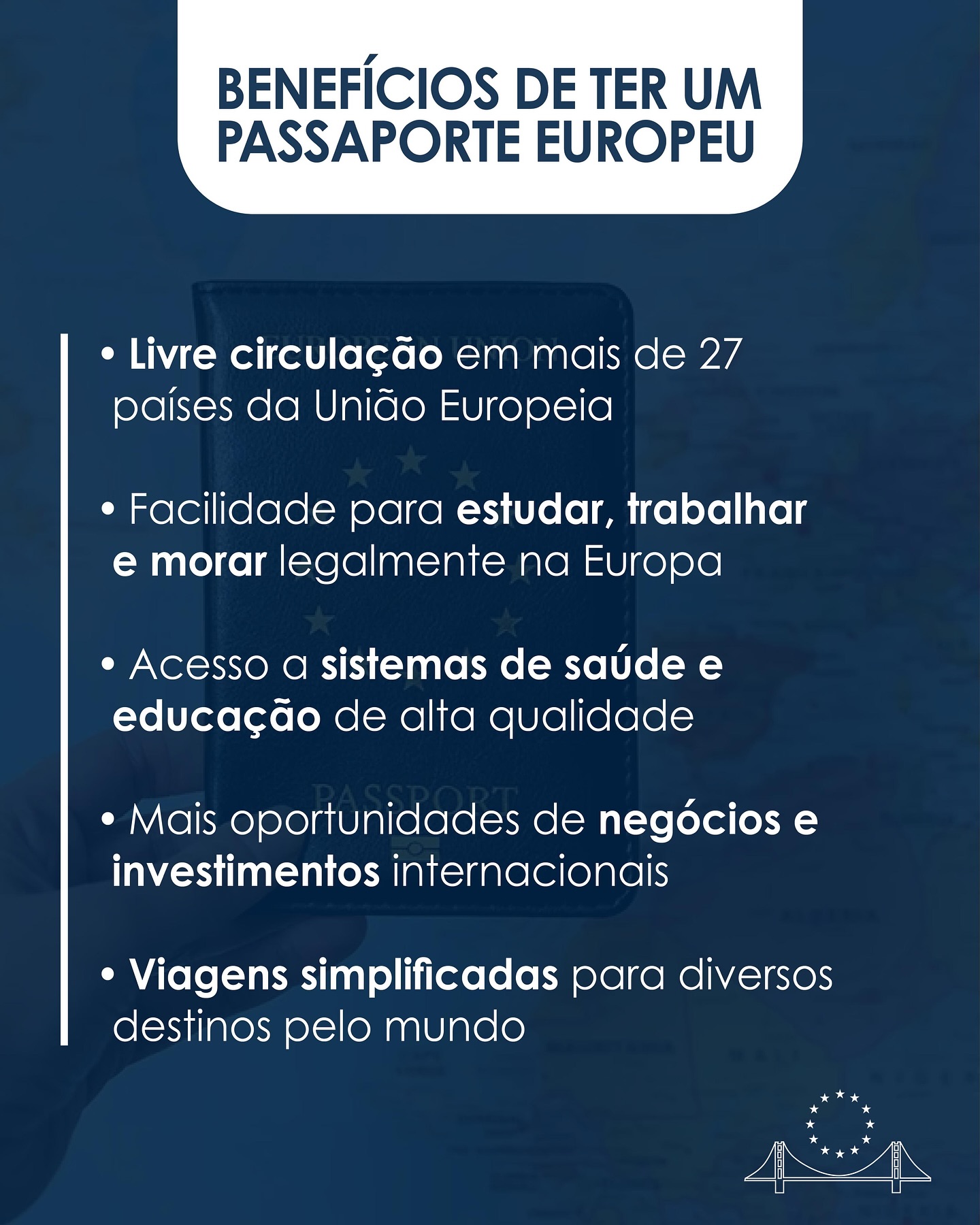 Benefícios diretos de adquirir o passaporte europeu sendo brasileiro. 🤩
Gostaria de ir atrás do seu direito? Fale com quem é experiente em soluções de vistos e cidadania europeia! 🤝📲