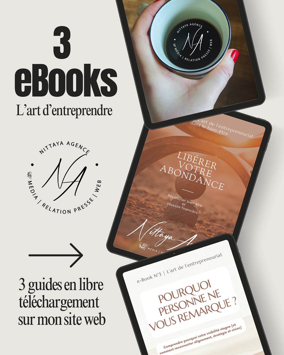 Trois eBooks, trois angles pour faire grandir votre projet !
📖 eBook #1 — Digital
Pourquoi vous n’avez pas besoin de site internet ?
Un guide cash pour comprendre quand (et surtout comment) le digital sert vraiment votre activité… au lieu de vous piéger dans des dépenses inutiles.
📖 eBook #2 — Argent
Libérer votre abondance
Réconcilier bien-être et réussite financière, c’est possible. Ce guide vous aide à transformer vos blocages en leviers.
📖 eBook #3 — Visibilité
Pourquoi personne ne vous remarque ?
Quand votre visibilité stagne, ce n’est pas une fatalité. Je vous montre comment réaligner stratégie, vision et énergie pour redevenir magnétique.
👉 Les 3 eBooks sont en téléchargement libre via le lien dans ma bio (2 clics + 1 formulaire = c’est dans la boîte 💌).
Parce qu’entreprendre, c’est un art. Et ça commence par bien se préparer.
Nittaya, un point c’est tout.
