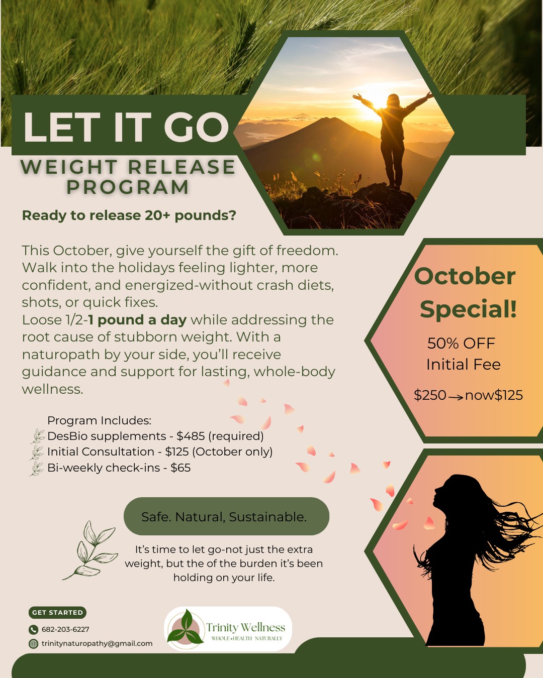 October Special-50% Off Initial Consultation
Spots are limited! DM my today to start your journey before the holidays.
*20lb+ to release
*Lose 1/2-1lb a day
*Bi-weekly check-ins
*DesBio supplements
*Whole-body wellness
Your time is now! Let it Go!
#weightrelease #naturalweightloss #wholebodywellness #naturalhealing