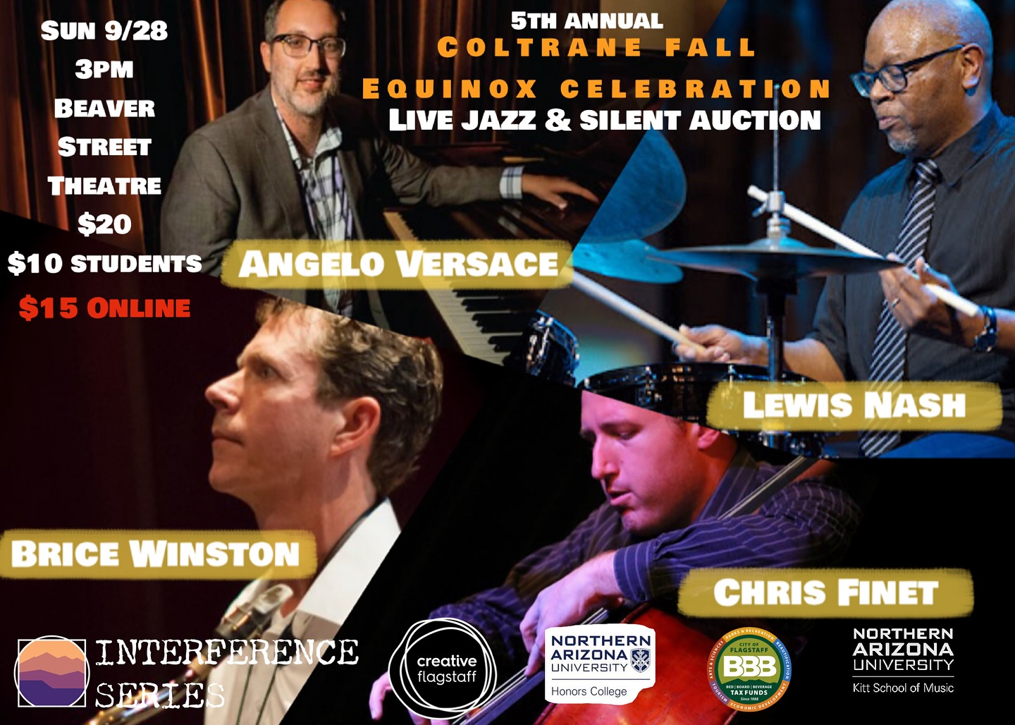 This Sunday @beaverstreettheatre !
This is a not to miss lineup of Arizona (and beyond) jazz greats playing down Coltrane’s A Love Supreme! Getcha tickets now at interferenceseries.org