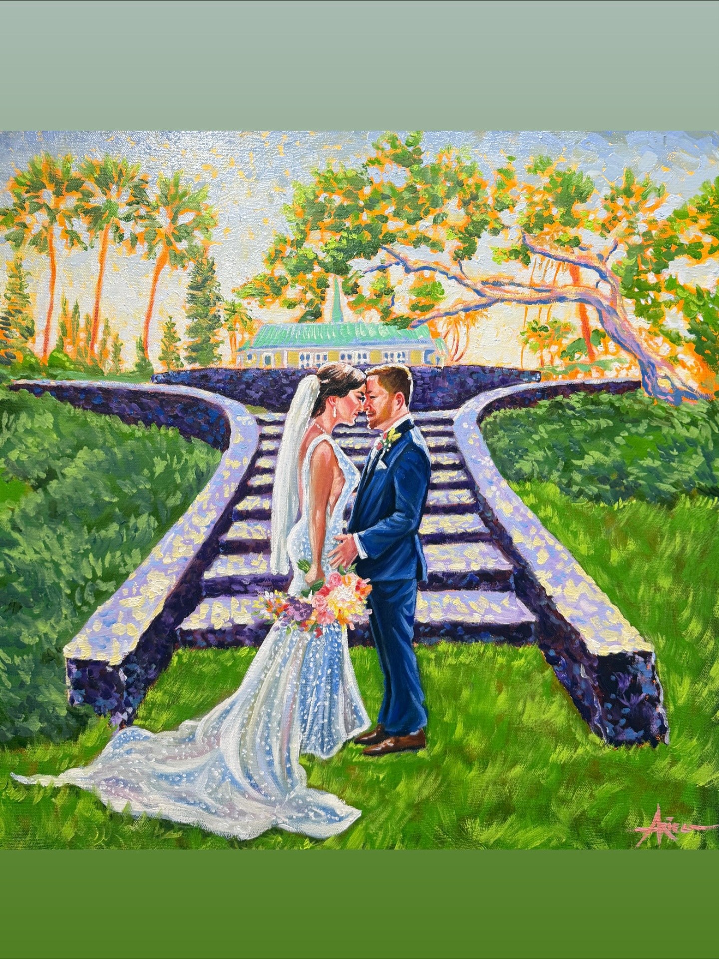 ✨🎨 Recently I finished retouching this vibrant live wedding painting at the Pineapple Chapel in Kapalua on Maui’s west side. Nestled in Lahaina’s lush greenery, this chapel’s iconic steps and sweeping views created the perfect backdrop for this couple’s “just married” glow. 🌿💍
I painted as their guests celebrated nearby, capturing the magic of the moment and the way the late-afternoon light danced on her veil and bouquet. Now they have a keepsake filled with all the colors and energy of their wedding day. 🌺🌞
#LiveWeddingPainting #MauiWeddingArt #PineappleChapel #WestMauiWedding #LahainaWedding #DestinationWeddingHawaii #WeddingArtist