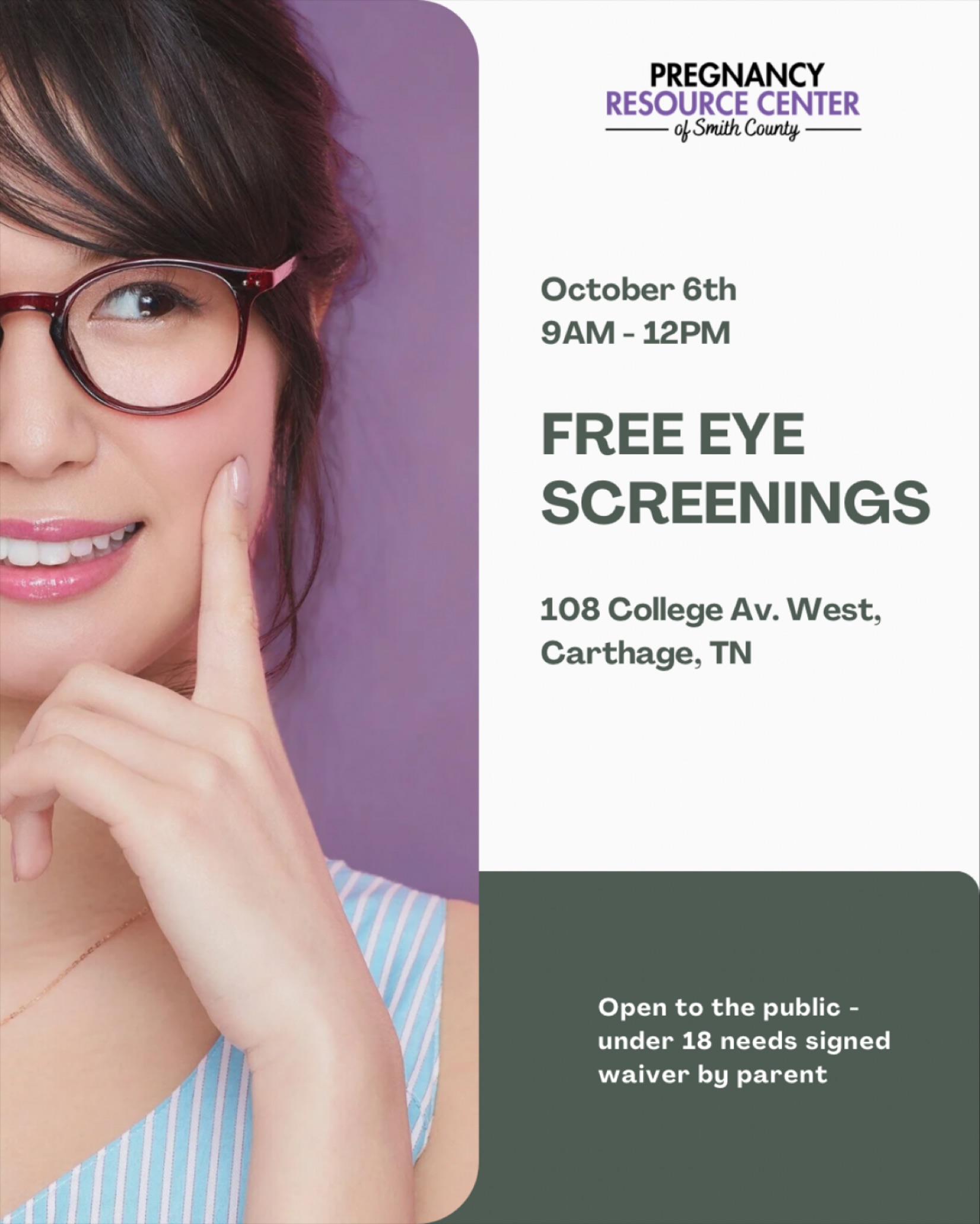 FREE eye screening on October 6th from 9-12 noon PRC. Open to public, under 18 has to have signed waiver by parent.