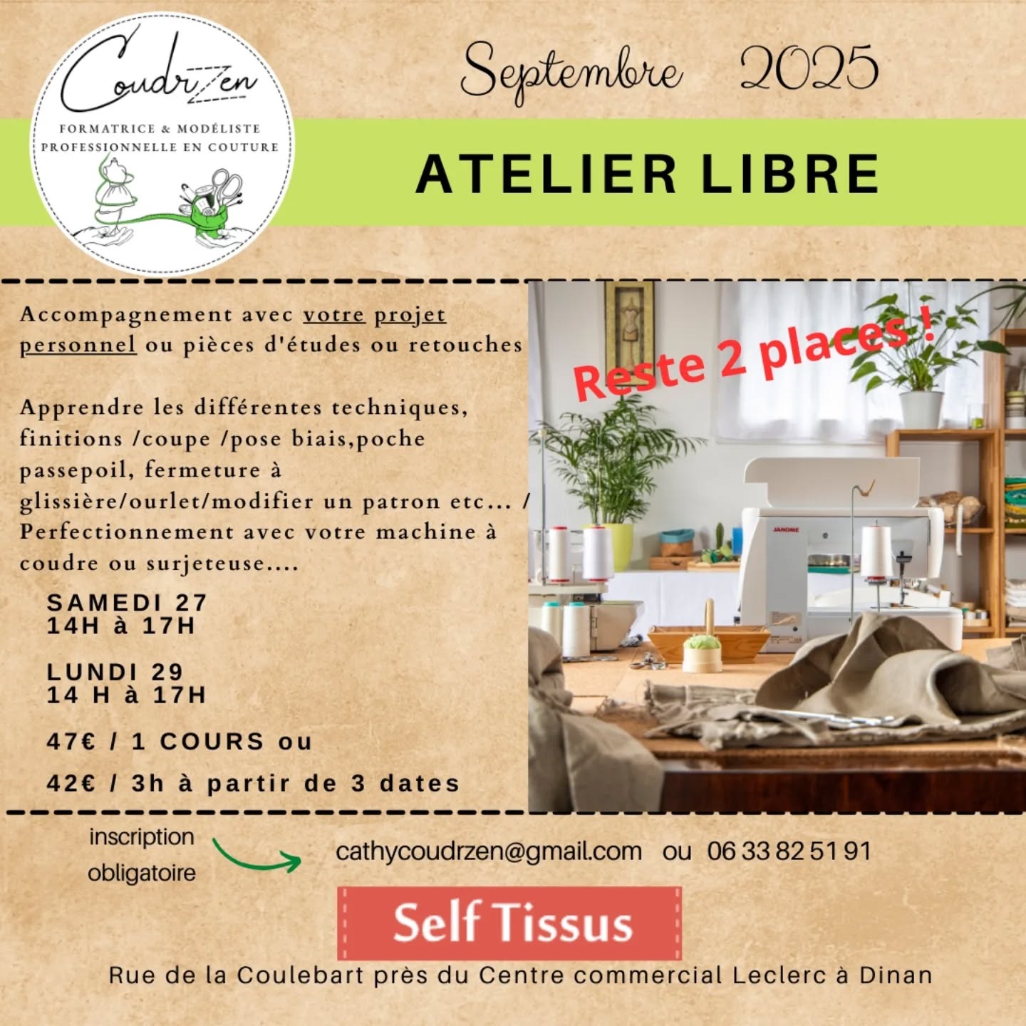 C'est le moment pour réaliser vos projets ou venir faire vos retouches pendant l'atelier libre chez @selftissus_dinan
Débutants ou Initiés
Contactez moi au 06 33 82 51 91 ou cathycoudrzen@gmail.com
#couture #patronage #passion #plaisir