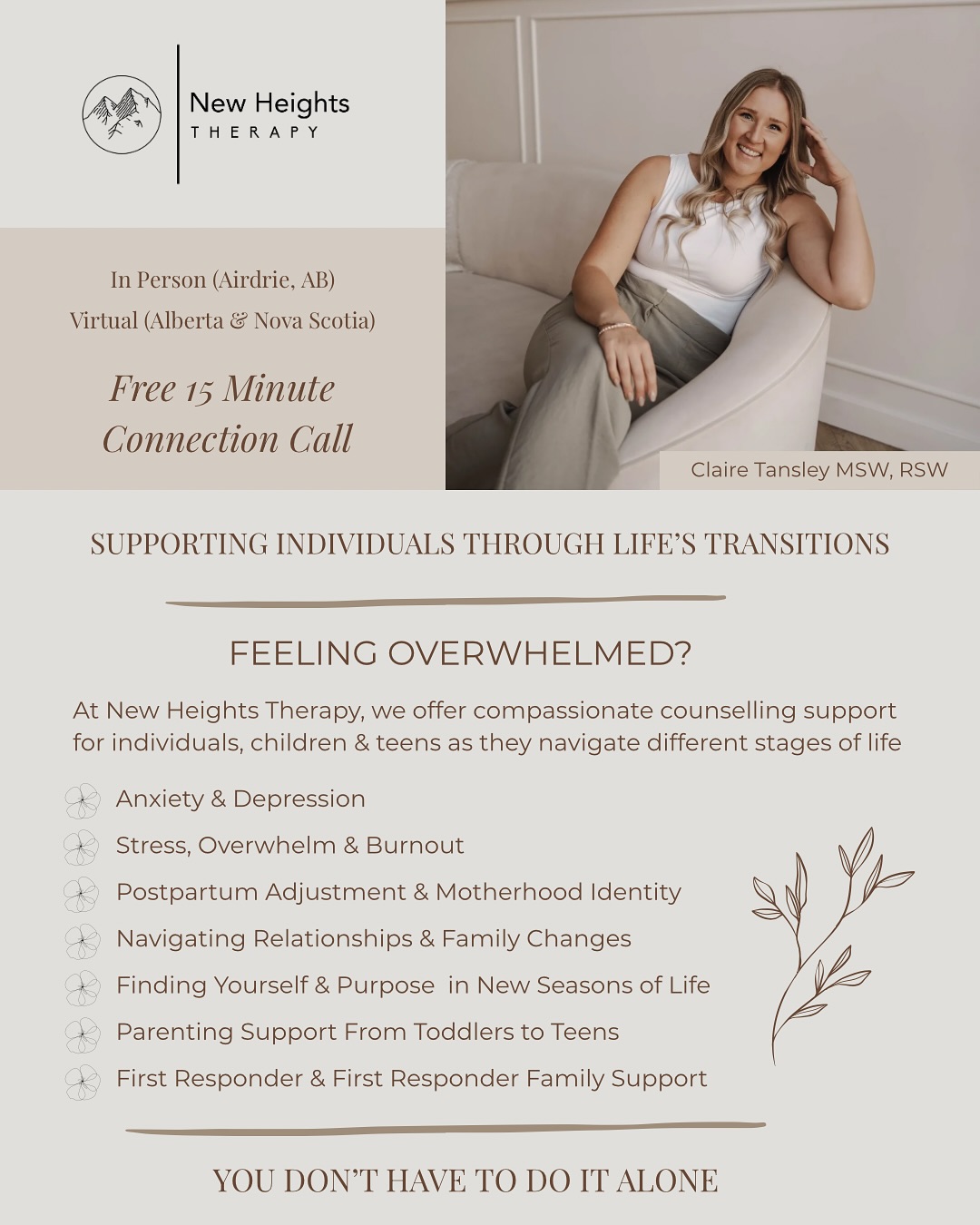 Life can feel overwhelming at times—but you don’t have to go through it alone. 🤍
At New Heights Therapy, we offer a safe and supportive space for you to breathe, reflect, and heal. 🌿
Whether you’re navigating motherhood, identity shifts, or everyday stress, therapy can help you reconnect with yourself and move forward with confidence. You are stronger than you know—but even the strongest people need support! 🫶🏻
Therapy is a space to pause, reset, and find tools that actually help. Let us help support you in finding clarity, balance, and relief. 🧠
✨ You deserve that kind of support—book your session today - link in bio
✉️ claire@newheightstherapy.ca
📞 403-797-1634
💻 www.newheightstherapy.ca
**the coping skills listed above are not a replacement for professional therapy and are simply some examples of strategies we can use alongside professional support**