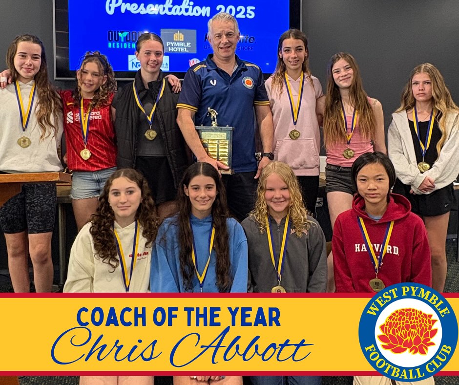Chris Abbott, Coach of the Year, 2025 💛💙
The winner of this award has been a coach at WPFC for a few years, he is known to be positive, organised, and focussed on player development. This coach makes training fun and ensures players are engaged.
They had a huge turnout to training sessions, and great feedback from their tribe of fans.
As a coach, it’s super special to see your team develop and grow over time.
After 8 years of coaching, this year the team made it to the finals. And WON!
We are exceptionally thrilled to announce this year’s Coach of the Year is Chris Abbott from the G13 Cooney-Cross team! 💛💙