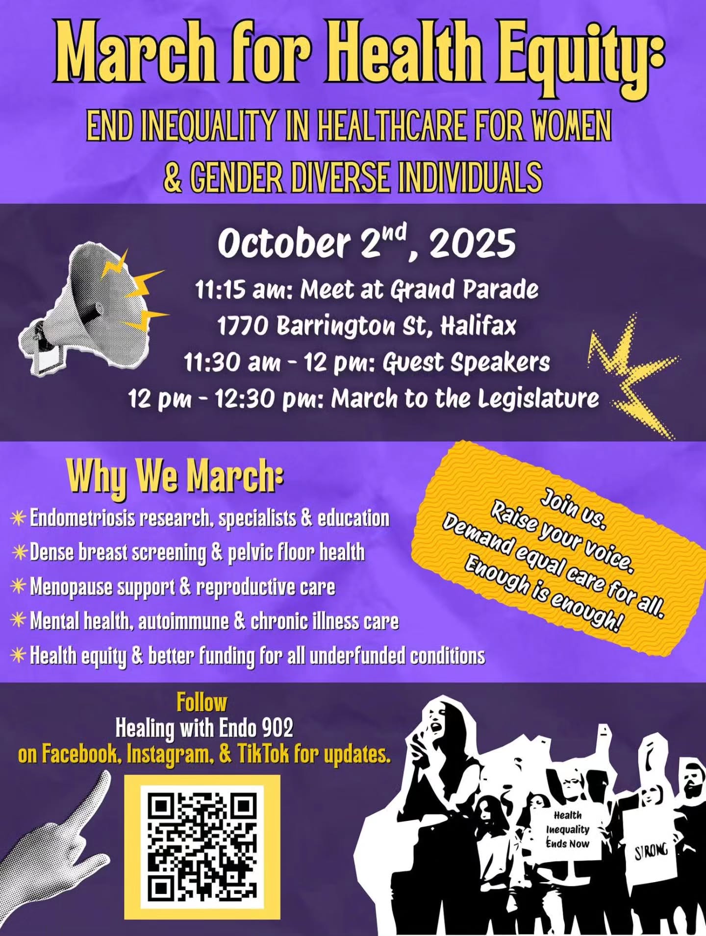 Join us October 2nd to demand equal care for all! 💪
The immense lack of funding, research, and equity in healthcare for women and gender diverse individuals is unacceptable. From endometriosis to mental health issues (and everything in between), women struggle more to receive timely or accurate diagnoses and care.
Enough is enough. Raise your voice and end the inequality!
#awareness #genderinequality #healthcarefails #womenshealth #genderdiverse #endometriosis #menopause #chronicillness #reproductivecare #healthequitynow
