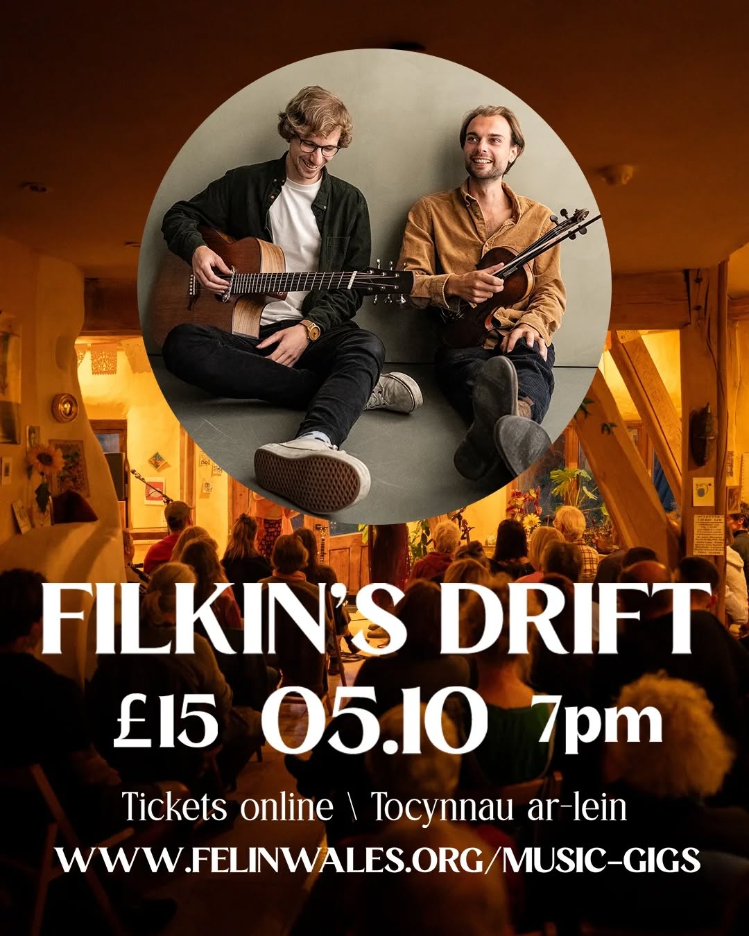 Join Filkin's Drift and support act Madryn for an evening of music in the cafe! Doors open at 6.30pm for a 7pm start.
Soft drinks & local beers will be sold at the venue during the event.
Filkin’s Drift reimagine traditional melodies through pizzicato grooves, intricate guitar tunes, and boundless improvisation. Their music captures the essence of their recent 870-mile walk of Wales’ coast, ‘weaving together a tapestry of shared experiences’ (Songlines). Their compositions are sophisticated yet rooted in tradition, blending fiddle, guitar and ‘gorgeous vocal harmonies’.
Madryn (Elin Hâf Madden & Tegid Rhys Williams) are a new Welsh folk duo who blend traditional storytelling with a contemporary, ethereal edge. Their music weaves old and new tales through lyrical imagery and the distinctive interplay of guitar and cello — shifting between delicate, spacious textures and powerful, driving rhythms. Currently working on their debut record, Madryn are already making their mark on the live scene.
An evening not to be missed! Share and spread the word with friends & family!
For more information visit their website - filkinsmusic.com or check out their social pages!
...
Ymunwch â Filkin's Drift am noson o gerddoriaeth yn y caffi! Mae'r drysau'n agor am 6.30yh i ddechrau am 7yh. Bydd diodydd meddal, cwrw lleol, te a choffi yn cael eu gwerthu drwy gydol y noson.
Mae Filkin's Drift yn ail-ddychmygu alawon traddodiadol trwy rigolau pizzicato, alawon gitâr cymhleth, ac improvisation diderfyn. Mae eu cerddoriaeth yn dal hanfod eu taith gerdded 870 milltir ddiweddar ogwmpas arfordir Cymru, gan 'blethu tapestri o brofiadau a rennir' (llinellau can). Mae eu cyfansoddiadau'n soffistigedig ond eto wedi'u gwreiddio mewn traddodiad, gan gyfuno ffidil, gitâr a 'harmonïau lleisiol godidog'.
Rhannwch â theulu a ffrindia! Rhaid prynnu tocynnau oflaen llaw. Welwn ni chi yn y caffi!