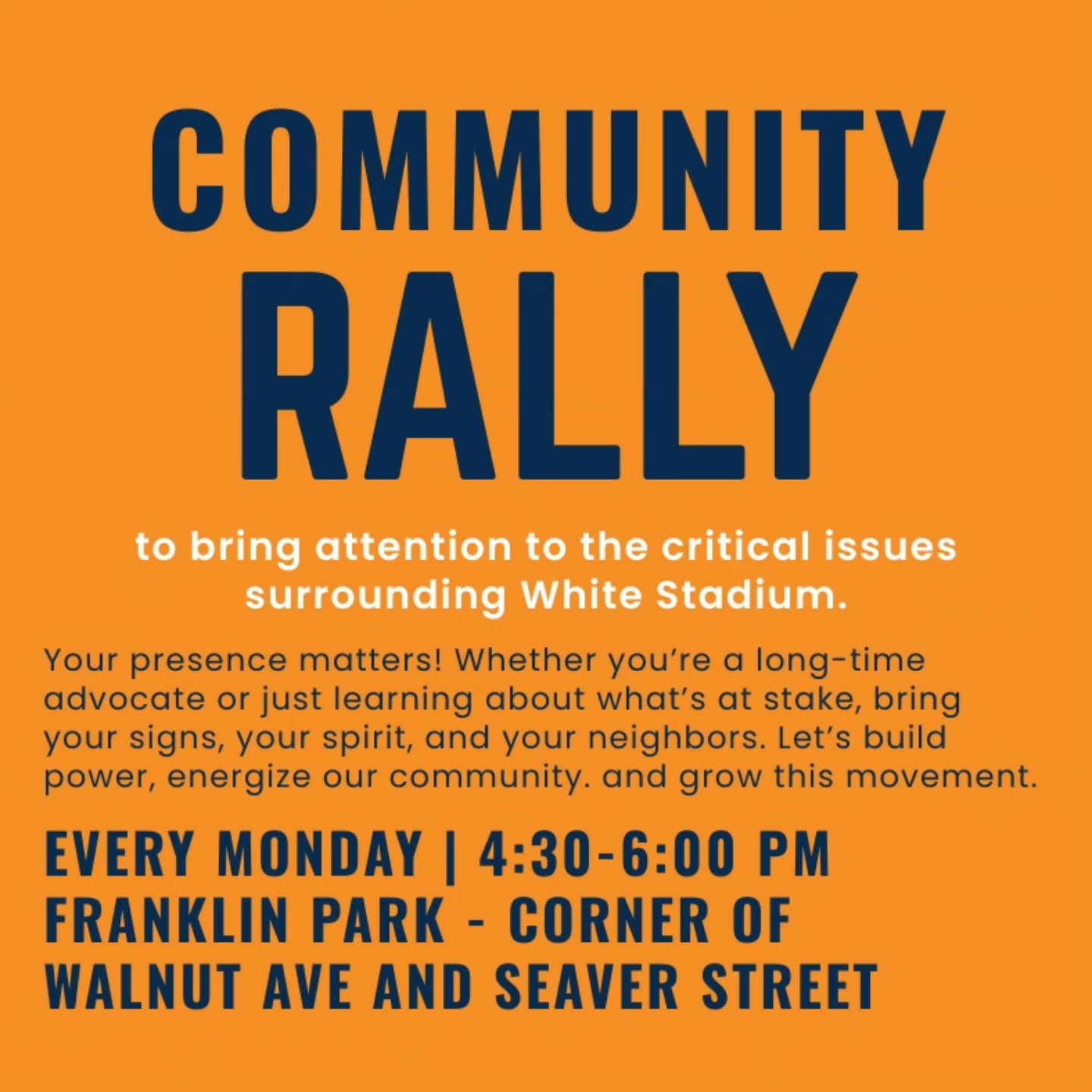 Don't forget to come out for tomorrow's rally, Monday 4:30pm to 6pm to bring attention to the critical issues surrounding White Stadium. Your presence and voice are needed!