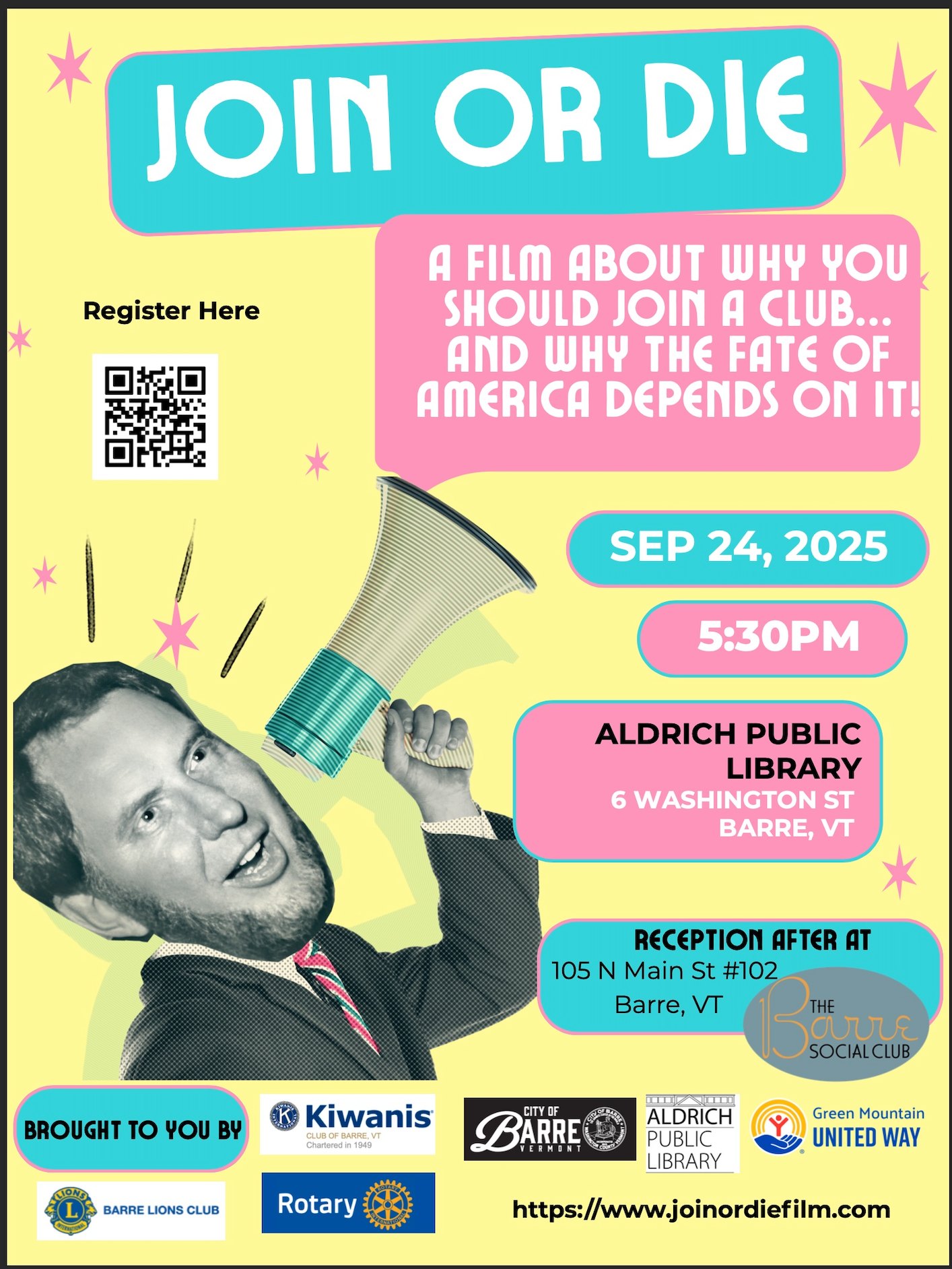 THIS WEEK: Join us on Wednesday, Sept. 24 at 5:30 p.m. for a viewing of Join or Die, a documentary that examines social scientist Robert Putnam's "Bowling Alone" theory of how declining community engagement created an American civic crisis. This event is sponsored by the City of Barre, Green United Way, @barresocialclub, the Barre Lions Club, the Kiwanis Club of Barre, and the @barrevtrotaryclub Free refreshments will follow at the Barre Social Club on N Main Street.
