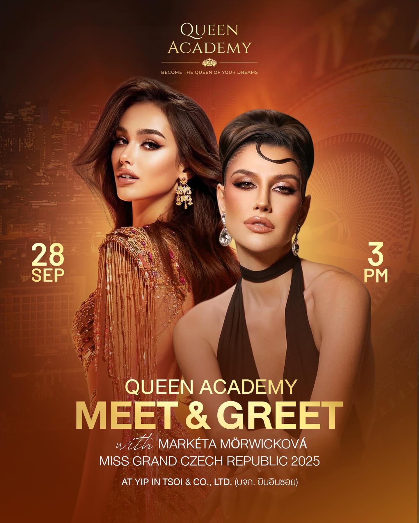 Queen Academy Meet & Greet
This Sunday, 28 September at 3 PM
Step into an unforgettable afternoon with our Miss Grand Czech Republic @marketa_morwick_ and Isabella. Experience the elegance of the catwalk, capture beautiful photos, and enjoy the rare opportunity to ask them your questions. Best of all, this exclusive event is completely free of charge.
Join us this Sunday at 3 PM and be part of this rare and unforgettable afternoon with our queens ✨