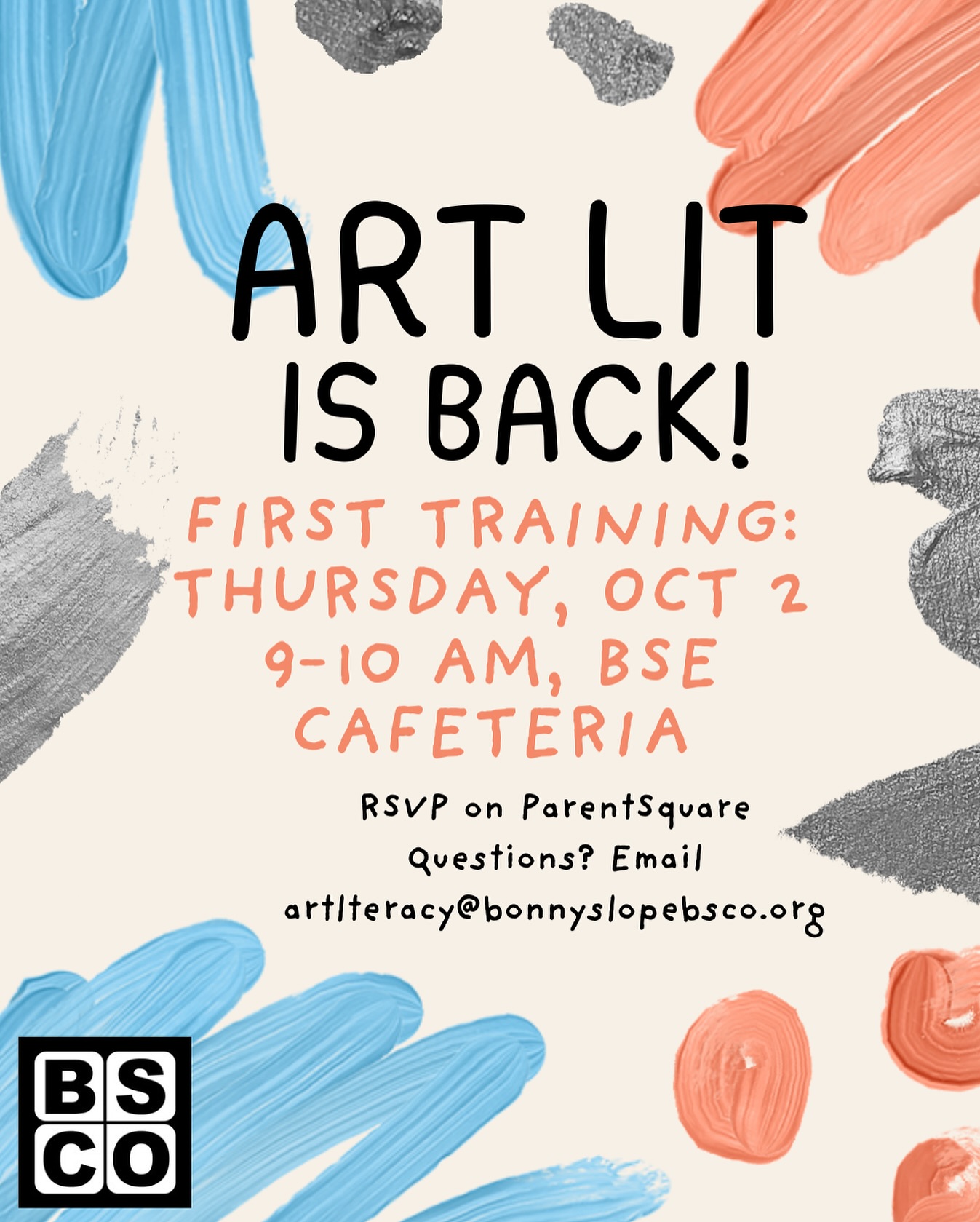 Art Literacy is back! ๐จ๐ผ๏ธ Our first training will be held on Thursday, Oct 2nd from 9 to 10 am in the cafeteria. During this session, weโll introduce some updates to how lessons will be presented and go over the first classroom project. If youโd like to join, please sign up in ParentSquare or reach out to us at artliteracy@bonnyslopebsco.org!