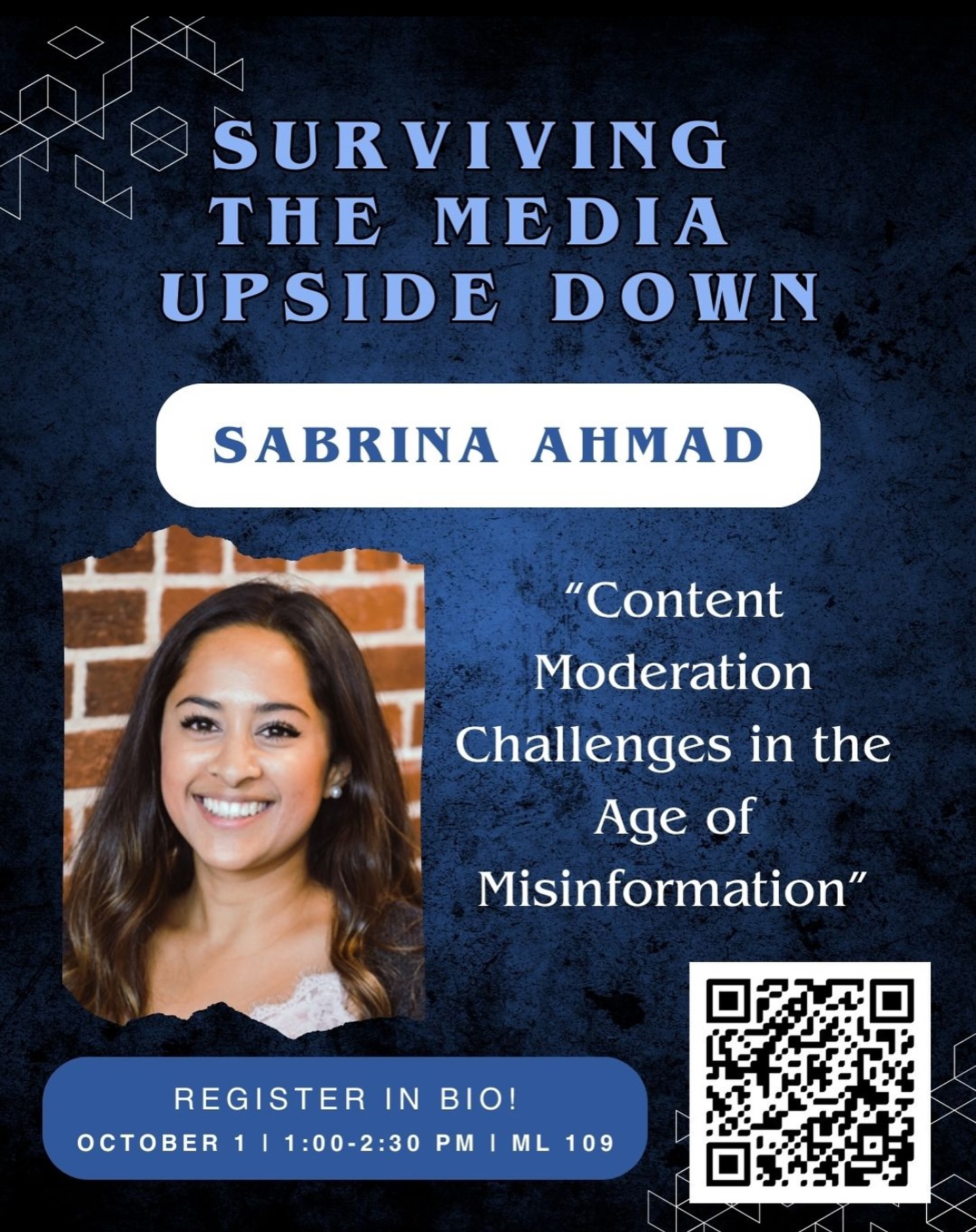 Curious about the state of social media activism/resistance? Looking to start October with an insightful feminist discussion? Join us next Wednesday, Oct 1 for an edition of the Surviving the Media Upside Down speaker series, with guest Sabrina Ahmad.
šļø: Wednesday October 1, 2025
ā°: 1:00pm - 2:30pm
š: Modern Languages 109