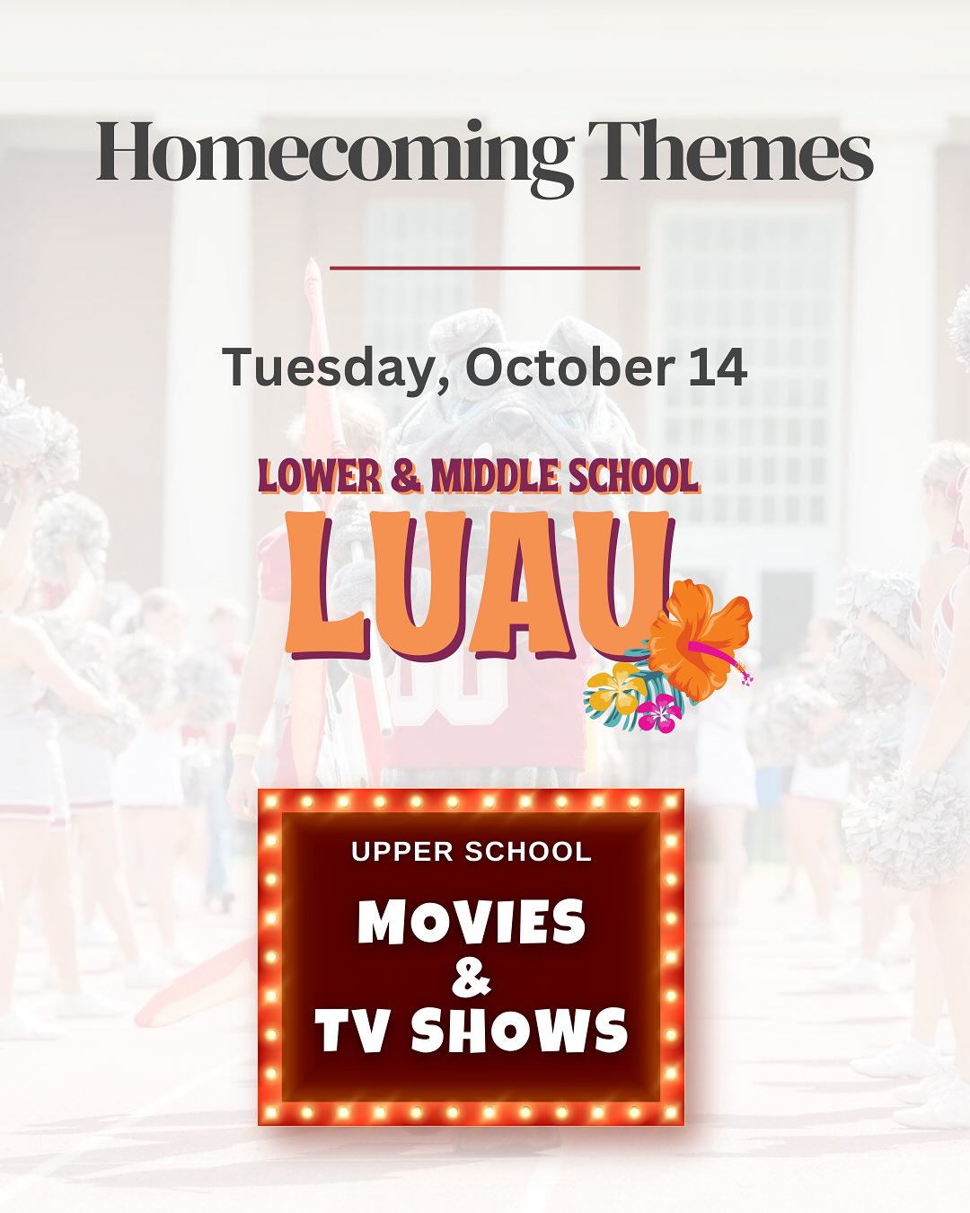 Homecoming Theme Days are approaching!!! Check below for more information 👇
🔴 Tuesday
- Lower School/ Middle School- Luau
- Upper School- Movies/TV Shows
🔴 Wednesday
- Lower School/ Middle School: Wear 2025 UMS-Wright Homecoming T-shirt or purchase a $5 out of uniform ticket in order to wear another new logo UMS-Wright T-shirt
- Upper School 9-11: PSAT (regular uniform) & 12th Seniorpalooza (off campus)
🔴 Thursday
- Lower/ Middle/ Upper School: Rock n Roll vs Disco
🔴 Friday
- Lower/Middle School: Spirit Day - UMS-Wright cheerleading uniform, football jersey, or any new logo UMS-Wright T-shirt
- Upper School:
9th Through the Decades
10th Heroes vs Villains
11th Sea vs Space
12th Childhood Memories