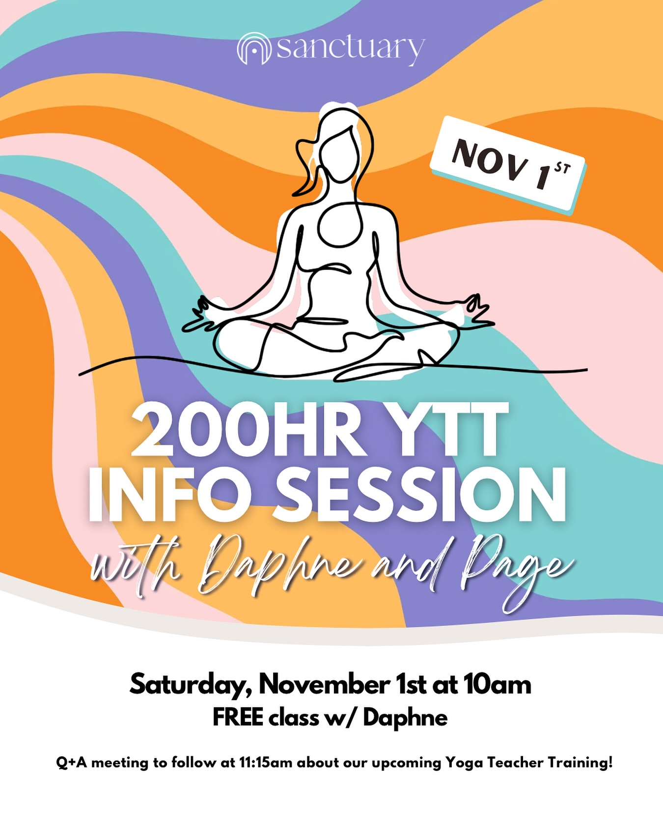 Have you been thinking about becoming a yoga teacher? 🤔🕉️
Our 200-hour YTT Info Session with Daphne & Page is on Saturday, November 1st and it is designed just for you!
Start your Saturday with a FREE 10 am class led by Daphne, then stay for a Q&A where you can:
⁉️ Get all your YTT questions answered
🤩 Chat with recent grads about their YTT journey.
📚 Explore Sanctuary’s comprehensive training materials.
It’s a fantastic way to get a feel for what our Yoga Teacher Training is all about. Truly an unforgettable journey that will lay a beautiful foundation for a deeper practice and give you the tools to share yoga with others!
Our students are given everything they need to confidently lead a yoga class when they graduate! 🎉
We can’t wait to connect with you! Space is limited, so be sure to RSVP on our website! Link is in our bio! 🔗