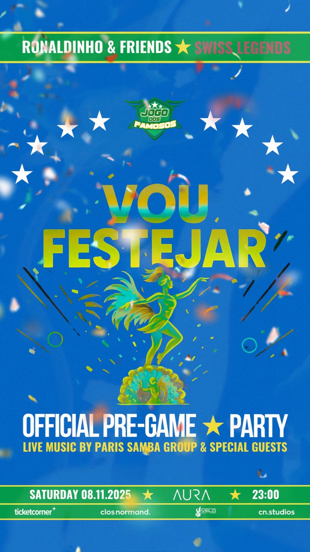 VOU FESTEJAR 🇧🇷
Zur Feier der Ankunft der brasilianischen Legendenmannschaft anlässlich des Legendenspiels am 09. November 2025 in der Swissporarena findet am Samstag, 08. November 2025 die offizielle Pre-Game-Party „Vou Festejar“ im exklusiven @aura_zurich_club in Zürich statt 🪩.
Für die perfekte Stimmung sorgt niemand Geringeres als die @parissambagroup – direkt aus Paris angereist. Neben einzigartigen Showeinlagen sorgen auch hochkarätige Gäste für unvergessliche Momente 🥁🪕 .
Sei dabei und sichere dir dein Ticket für die erste Samba-Night dieser Art in der Schweiz – ein Abend voller brasilianischem Flair, Leidenschaft und Rhythmus 🇧🇷.
Link in Bio oder direkt auf ticketcorner.ch
#ronaldinho
#closnormand
#jogodosfamosos