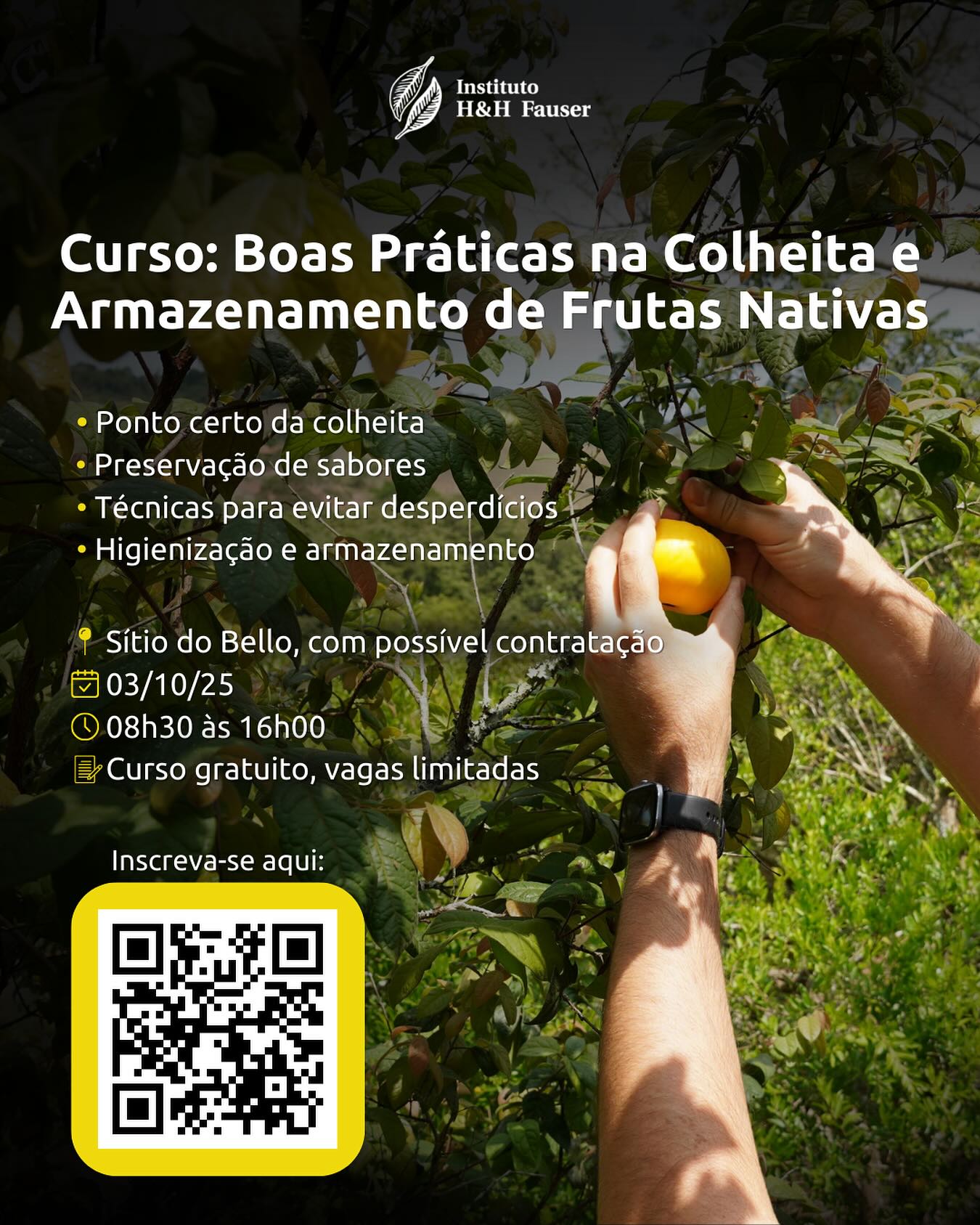 Quer aprender na prática como colher, higienizar e armazenar frutas nativas de forma correta, segura e sustentável? 🌱
No dia 03/10, no Sítio do Bello (Paraibuna/SP), acontece o curso Boas Práticas na Colheita e Armazenamento de Frutas Nativas!
O curso é voltado para pessoas a partir de 16 anos e pode abrir portas para possível contratação pelo Sítio do Bello.
Garanta sua vaga gratuita pelo QR Code na imagem ou link na bio. As vagas são limitadas!
#ihhf #valedoparaíba #paraibuna #mataatlântica #frutasnativas #curso #capacitação #coletadefrutas