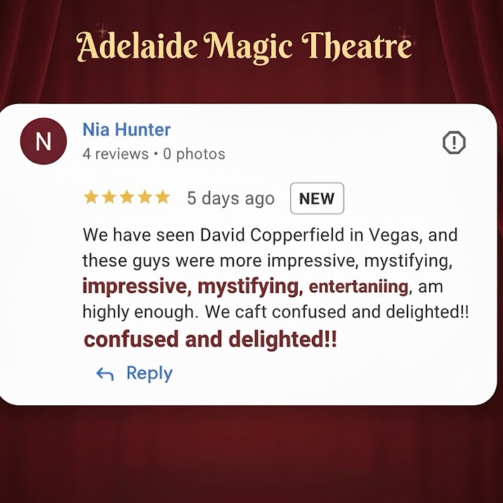 ⭐️ “Best experience of my life. Absolutely mind blowing!!!”
⭐️ “We have seen David Copperfield in Vegas, and these guys were more impressive, mystifying, entertaining… we left confused and delighted!!” – Nia H.
Thank you to everyone who’s joined us and shared your magical nights!
🎟️Next show is tomorrow. Only a few tickets left!
👉 Tickets on Eventbrite
#AdelaideMagicTheatre #MagicShow #AdelaideEvents #AdelaideFringe #CloseUpMagic #magic #whatsonadelaide #travel #thelostdice @thelostdicekws @sammy_showtime @baenedict.kt