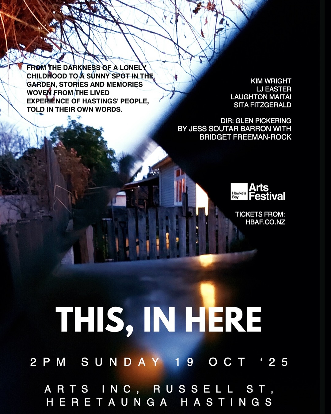 As well as working on Streams of Consciousness: Te Aroha o Te Wai, Senior Company student Sita FitzGerald has a role in Hawke’s Bay Arts Festival’s other local piece of devised theatre, This, In Here.
Taken from 70+ conversations had over three days during the HBAF 2022, this social theatre piece explores what it means to ‘be at home’ in Heretaunga.
From the darkness of a lonely childhood to a sunny spot in the garden, this work weaves together stories, insights, memories and hope lifted from the lived experience of Hastings’ people told in their own words.
Designed and created by Jess Soutar Barron and Glen Pickering with additional research and writing by Bridget Freeman-Rock and realised by an ensemble of Hawke’s Bay performers in voice, movement and theatre practice.
Tickets are on sale now from Eventfinda. Link in our story and instagram highlights.