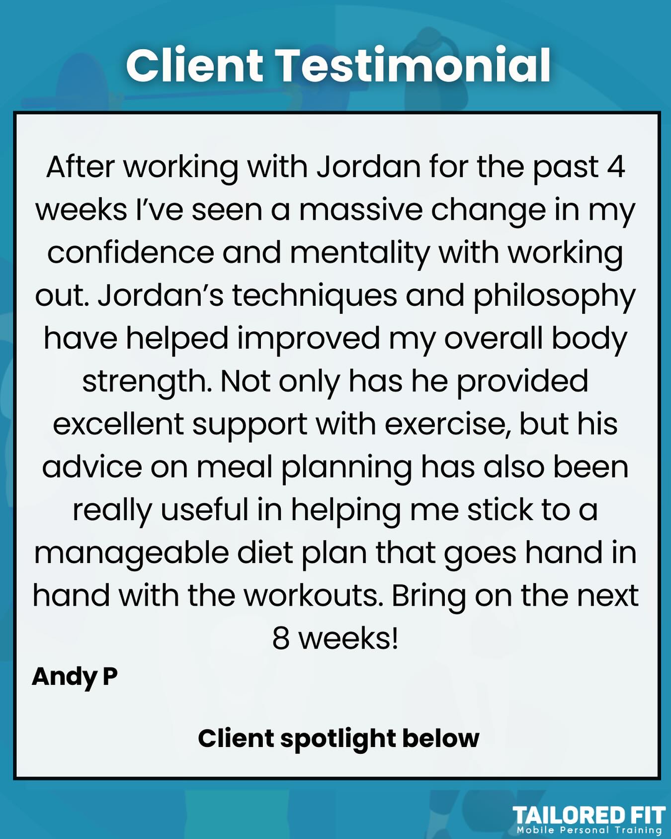 This guy! Hard-working, dedicated and driven — not just for himself but for his family too.
Over the past 4 weeks, we’ve been introducing Andy to a new, fun and engaging style of training, built around mobility, functional strength, and movement quality. My biggest aim has been to help him realise just how capable he truly is.
The progress he’s made in such a short time has been incredible — not only in his physical ability, but also in his growing confidence as he embraces this different way of training. I’m genuinely excited to see where we can take things next and what challenges Andy will go on to smash in the near future.