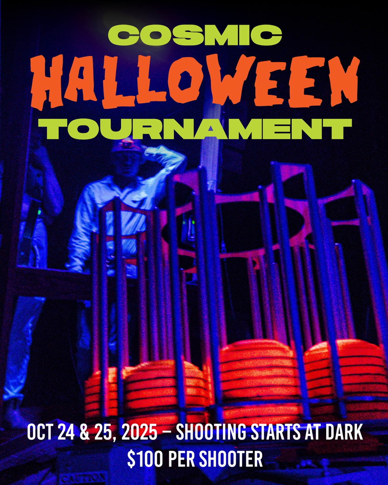Join us for an after dark Cosmic Clays Tournament. Our 15 station course will be lit up by blacklights to make for a unique shooting experience. We will run shoots on both Friday and Saturday night. Sign in starts at 5:00 PM and shooting starts at dark. Space is limited so sign up today.
#halloween #cosmicclays #glow #nightime #fieldstone #claytournament #explore