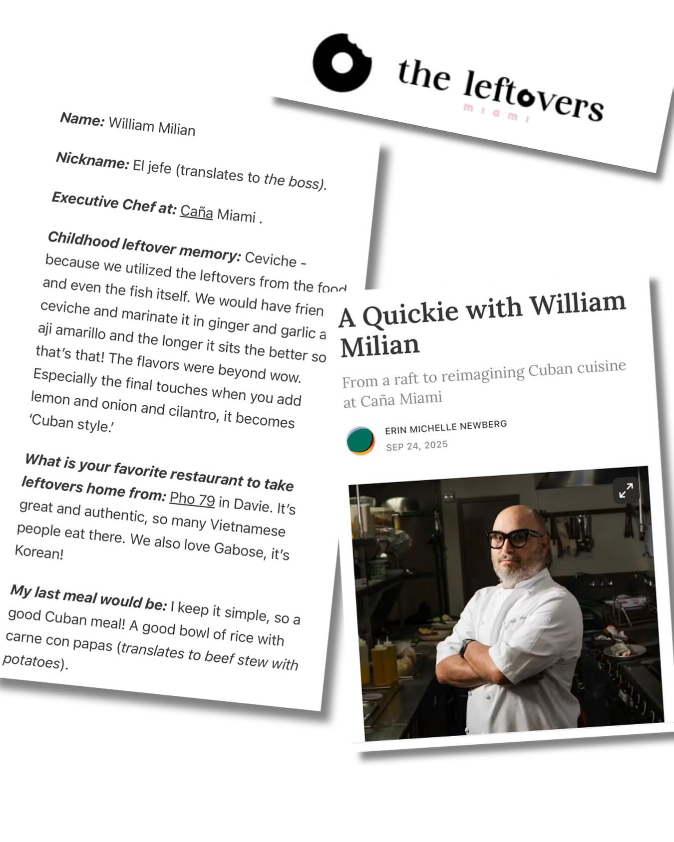 One of the most rewarding aspects of our work at @carlibrinkmanpr is the privilege of working with amazing people that inspire and motivate us every day (and many of whom cook REALLY good food!)
Case in point: @chef_william_milian of @canamiami in @hyattcentricbrickell who, as our friends at the new (BEST!?!) food & dining outlet in Miami, @theleftovers.miami , highlight in this feature, came to the US from Cuba on a raft to live a life of freedom and make his dreams a reality. An absolutely incredible story during this, #hispanicheritagemonth , of determination and a beautiful reminder of the lengths some will go to follow their dreams.
You'll have to go to theleftoversmiami.com to read the full, inspiring story!
Thanks to the Leftovers team for giving Chef Milian's story a platform and my coleague @erica_badgley for her support and coordination on this!
.
.
.
.
.
#miamifood #miami #miamifoodie @visitmiami @miamilatinnews #miamiflorida @visitflorida #miamirestaurant #chefnews #miamichefs #cubanrestaurant #cuban #cubanfood #cubandishes #cubannews