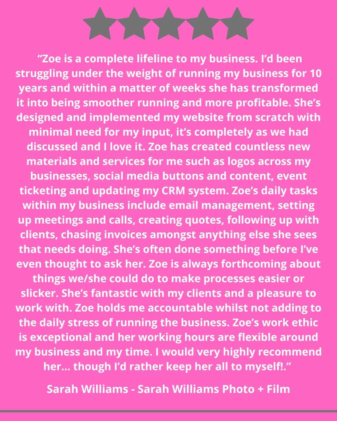 I’m so grateful for the lovely words from my client, @sarahwilliamsphotofilm (and founder of @socials_withsarah).
Sarah juggles so much, from being a Mum of 3, her photography business to running a networking community and I’m thrilled to be able to support her behind the scenes so she can focus on doing what she does best.
Thank you, Sarah, for trusting me as your Virtual Assistant. Clients like you make my job an absolute joy!
#ClientLove #TrustpilotReview #VirtualPA #BusinessSupport #Grateful #VirtualAssistantLife #SmallBusinessSupport #ClientFeedback