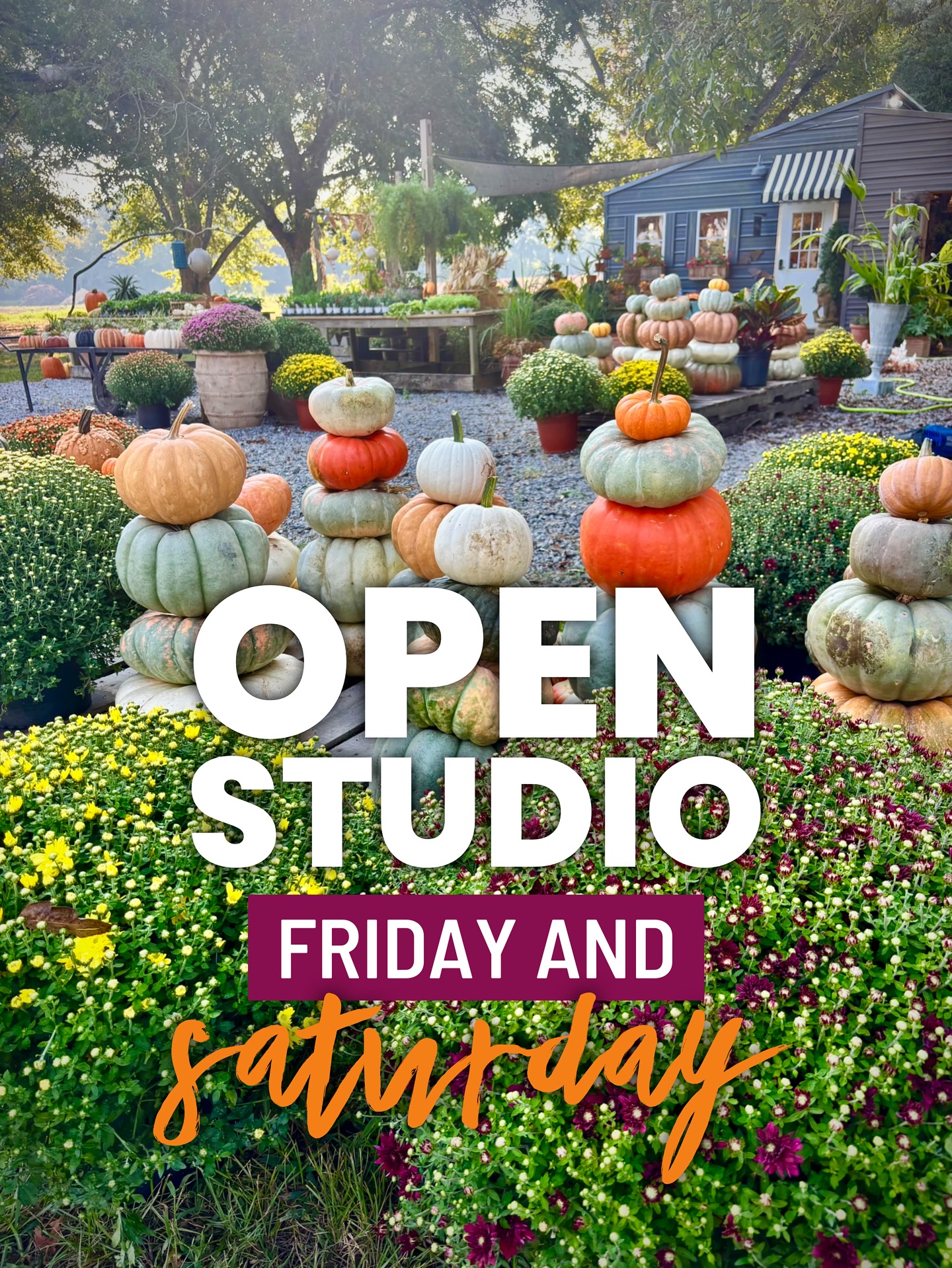 Studio hours: Friday 3:00-6:00 and Saturday 10:00-3:00 and as always by appointment. Pumpkins, mums and so many fun fall finds.